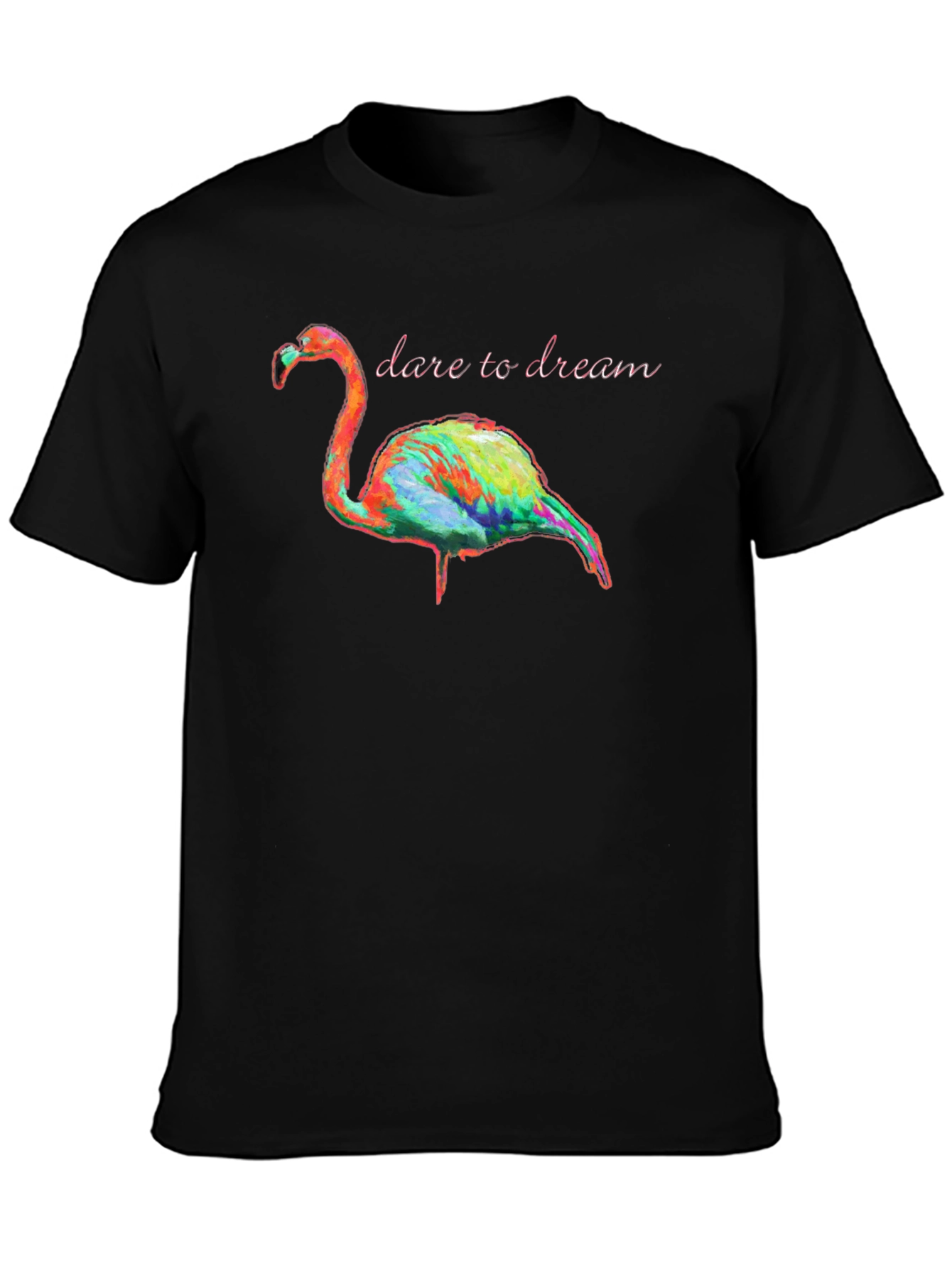 Dare to Dream Flamingo Graphic Tee - Black Cotton T-Shirt