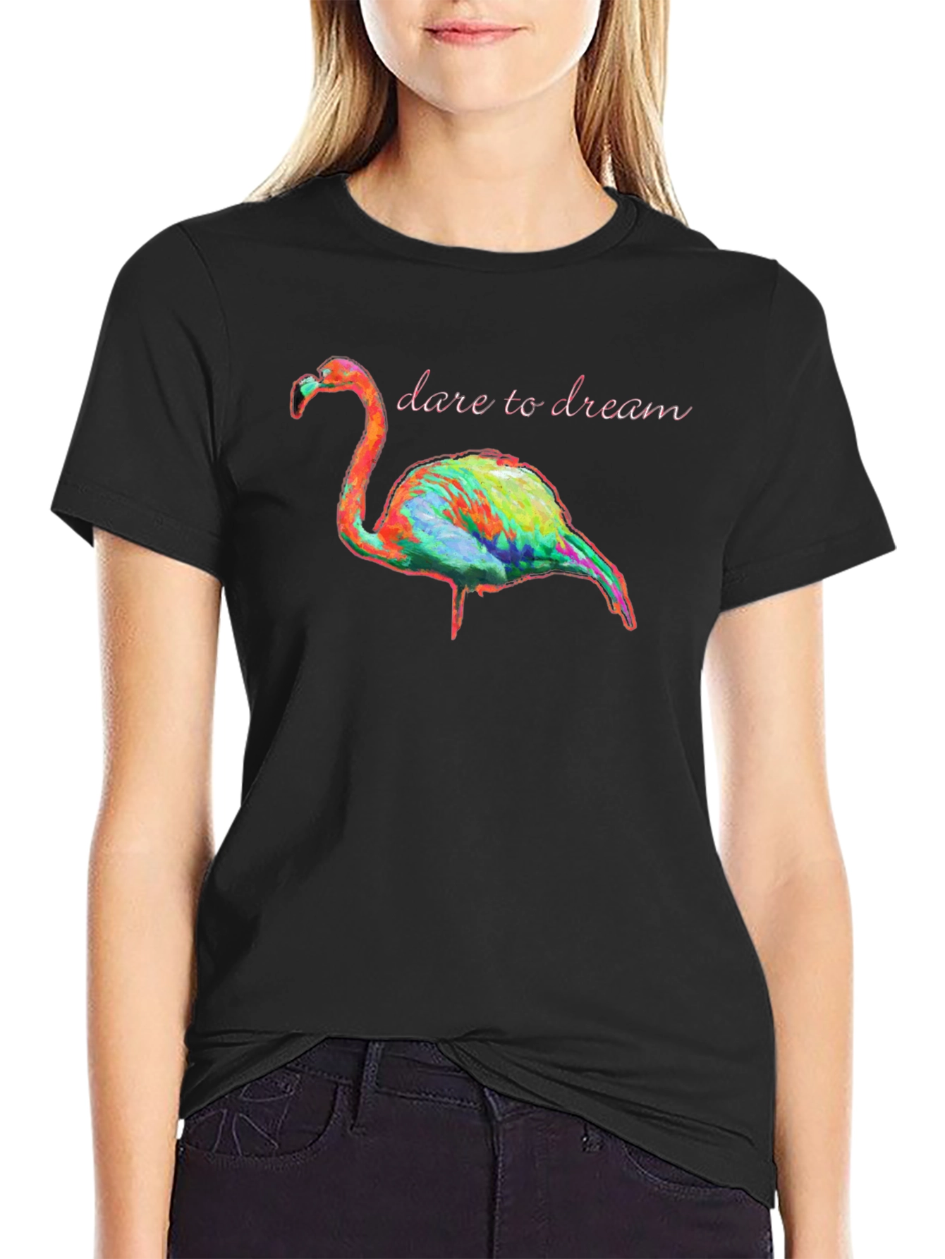 Dare to Dream Flamingo Graphic Tee - Black Cotton T-Shirt