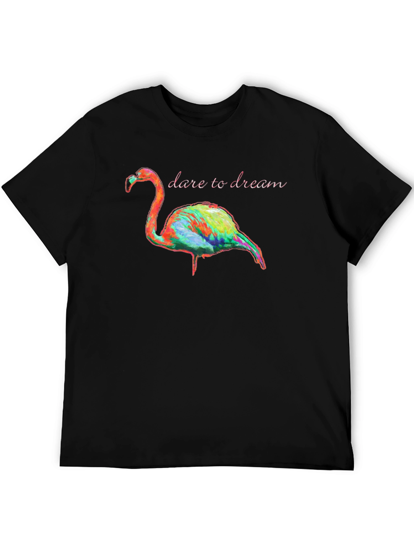 Dare to Dream Flamingo Graphic Tee - Black Cotton T-Shirt