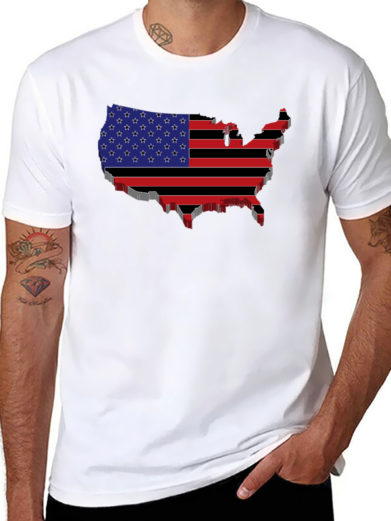 USA Flag Map Black T-Shirt