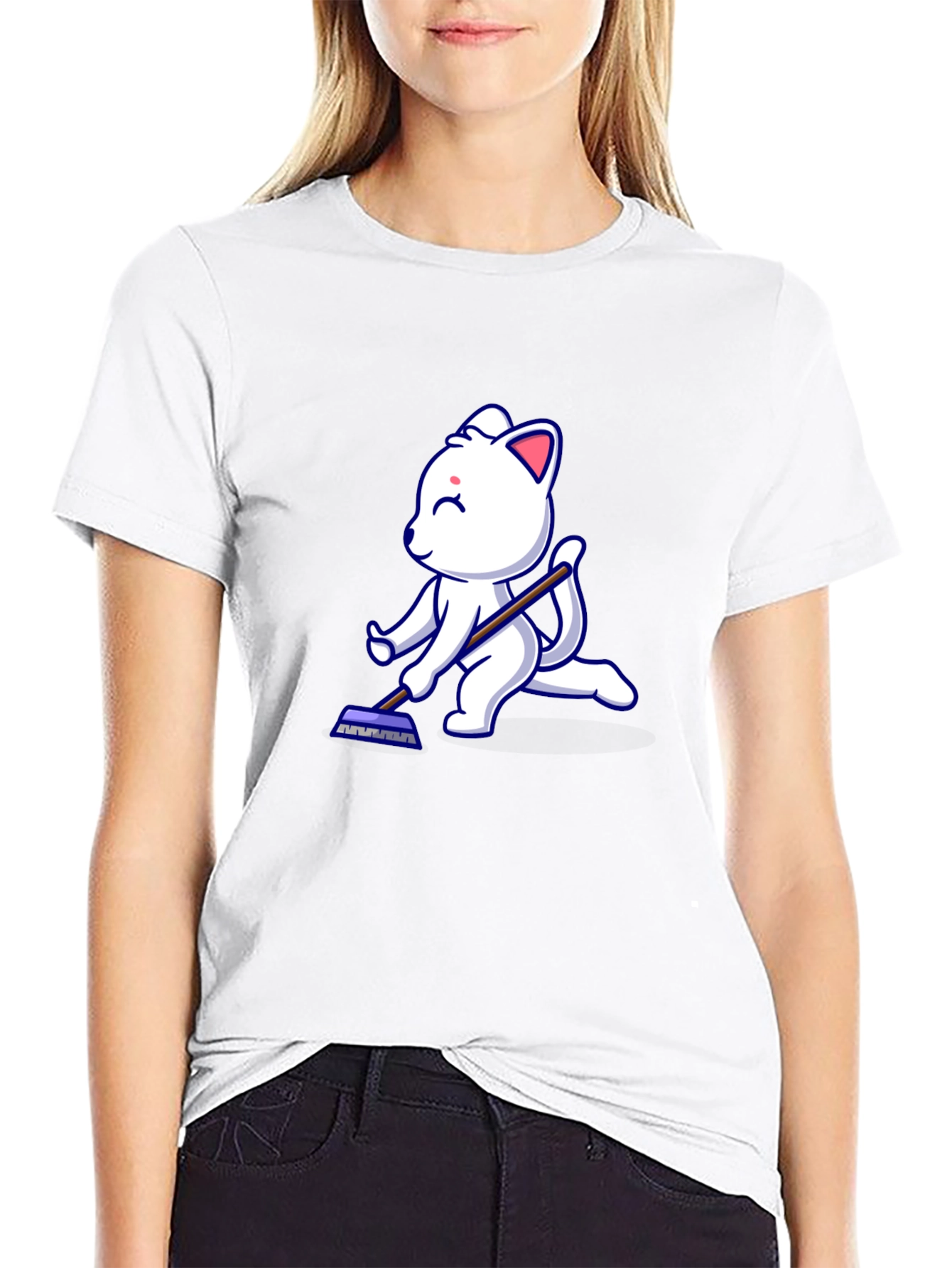 Cute Cat Cleaning T-Shirt - Black Cotton Tee