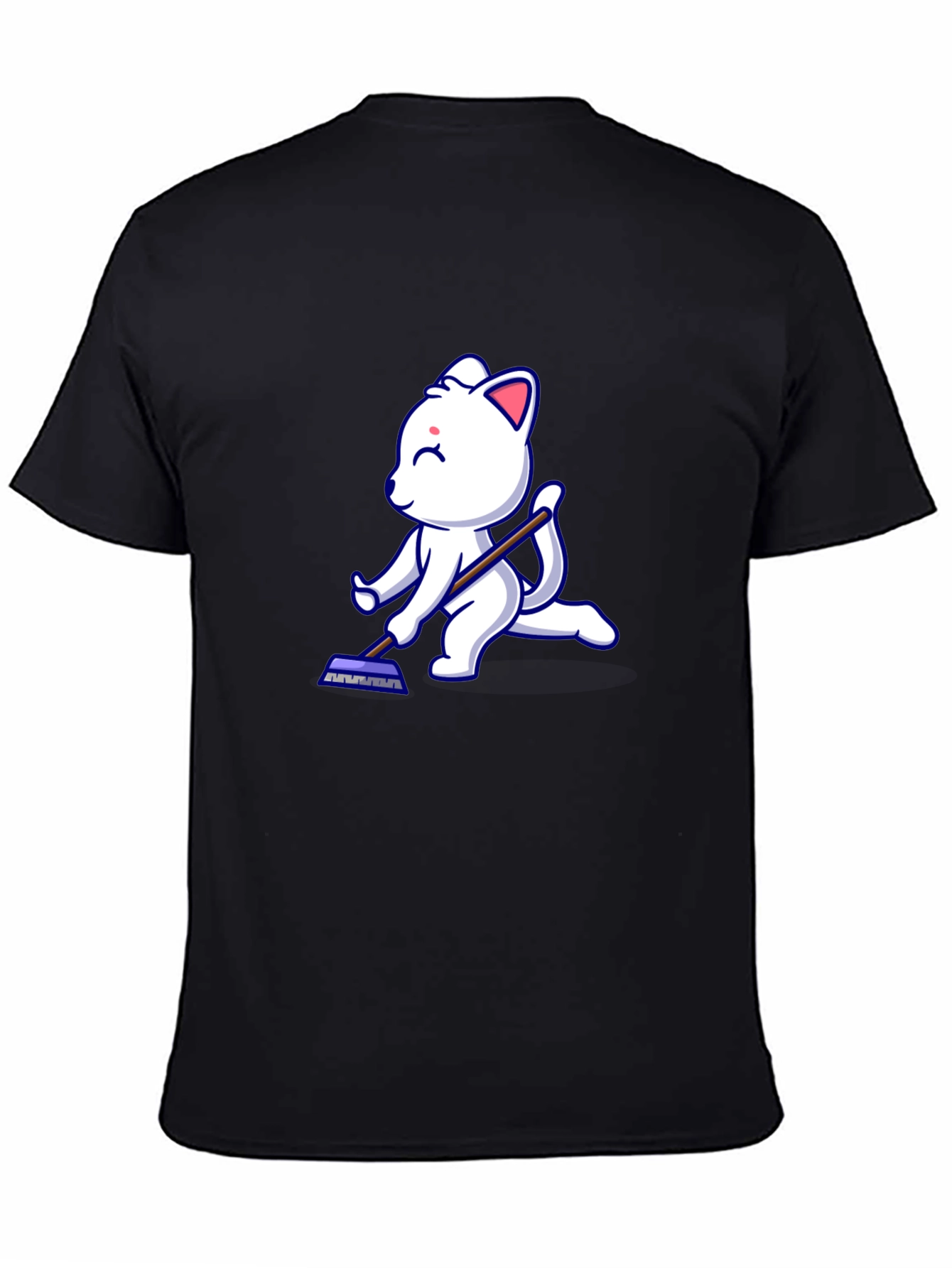 Cute Cat Cleaning T-Shirt - Black Cotton Tee