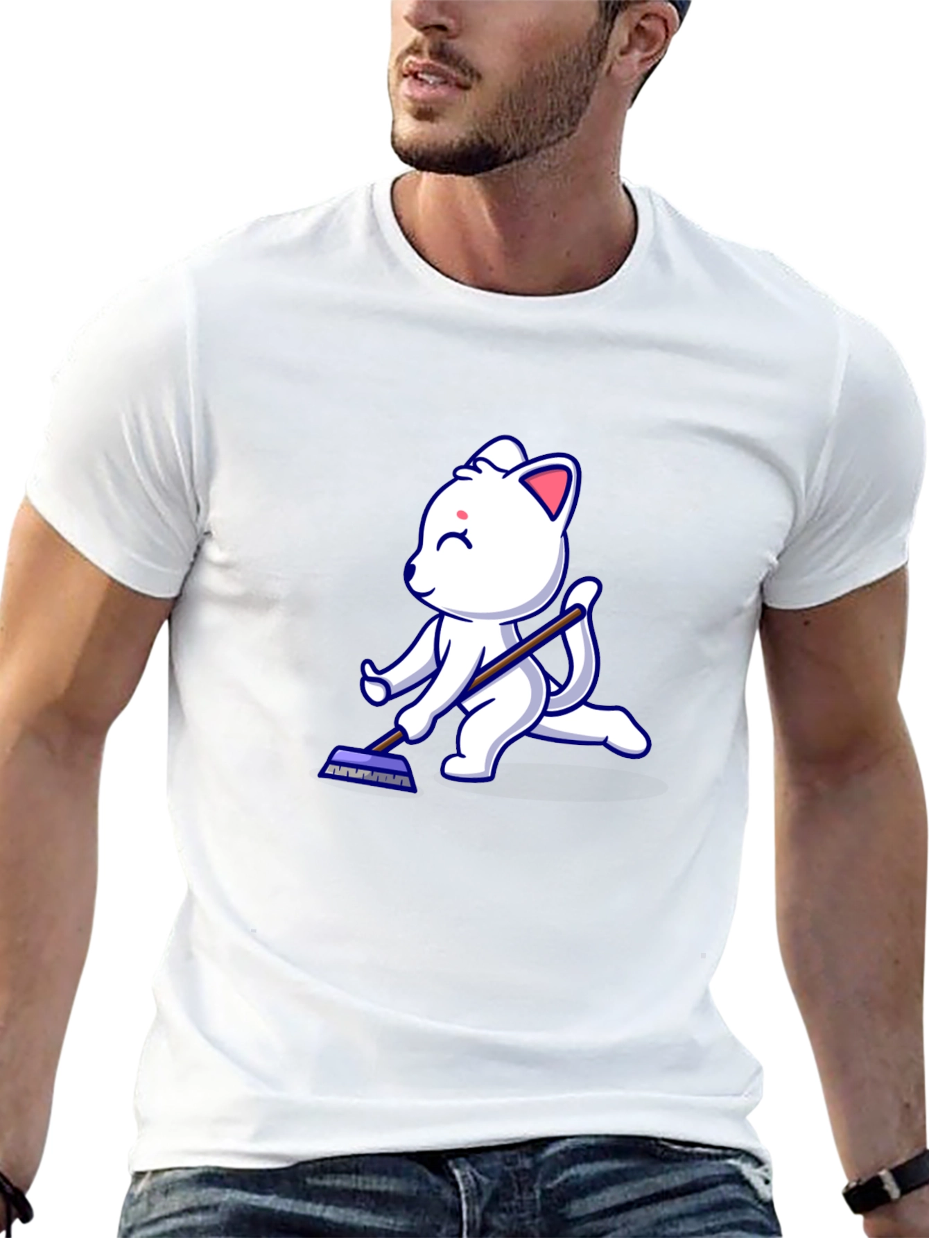 Cute Cat Cleaning T-Shirt - Black Cotton Tee