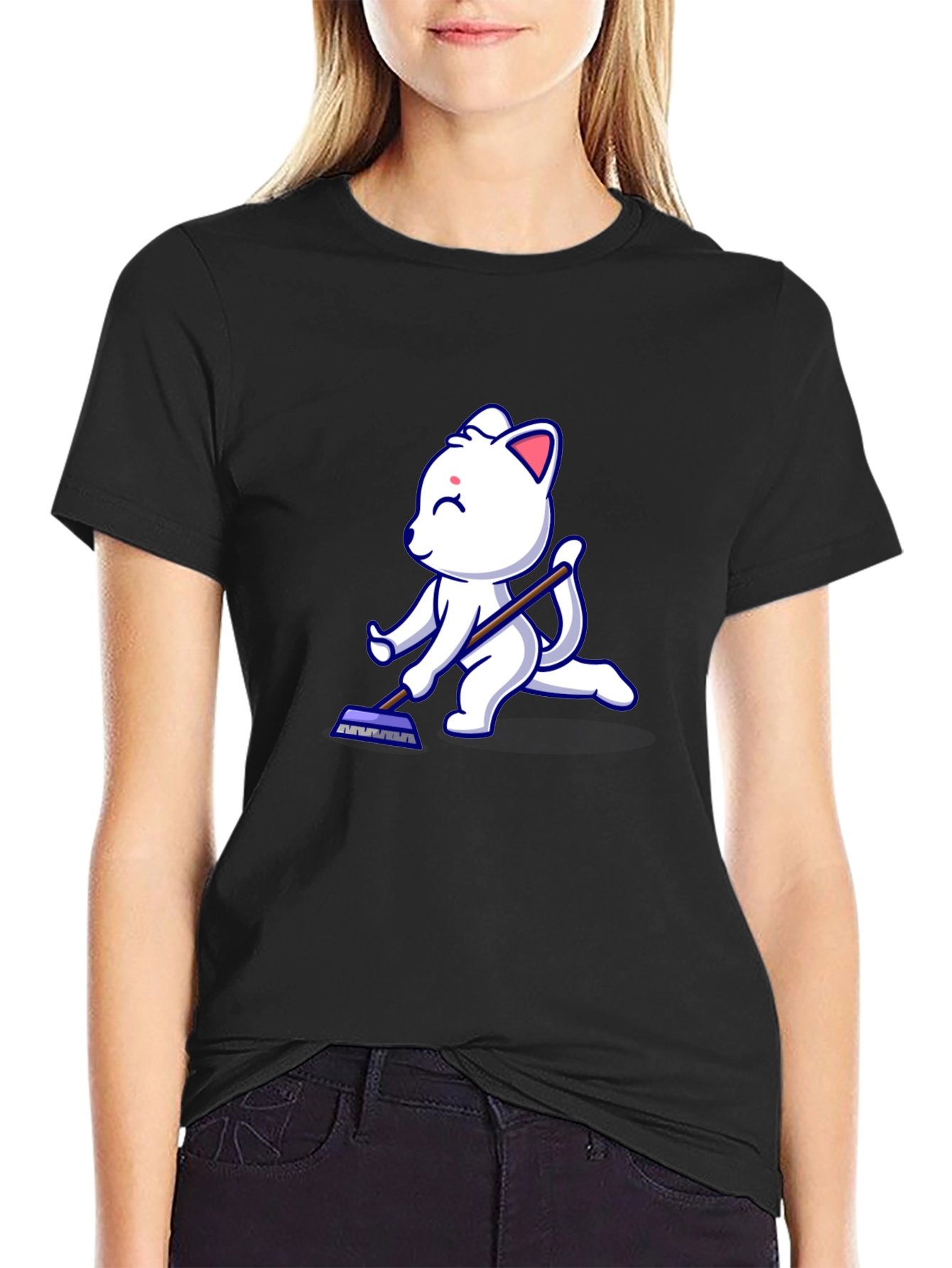 Cute Cat Cleaning T-Shirt - Black Cotton Tee