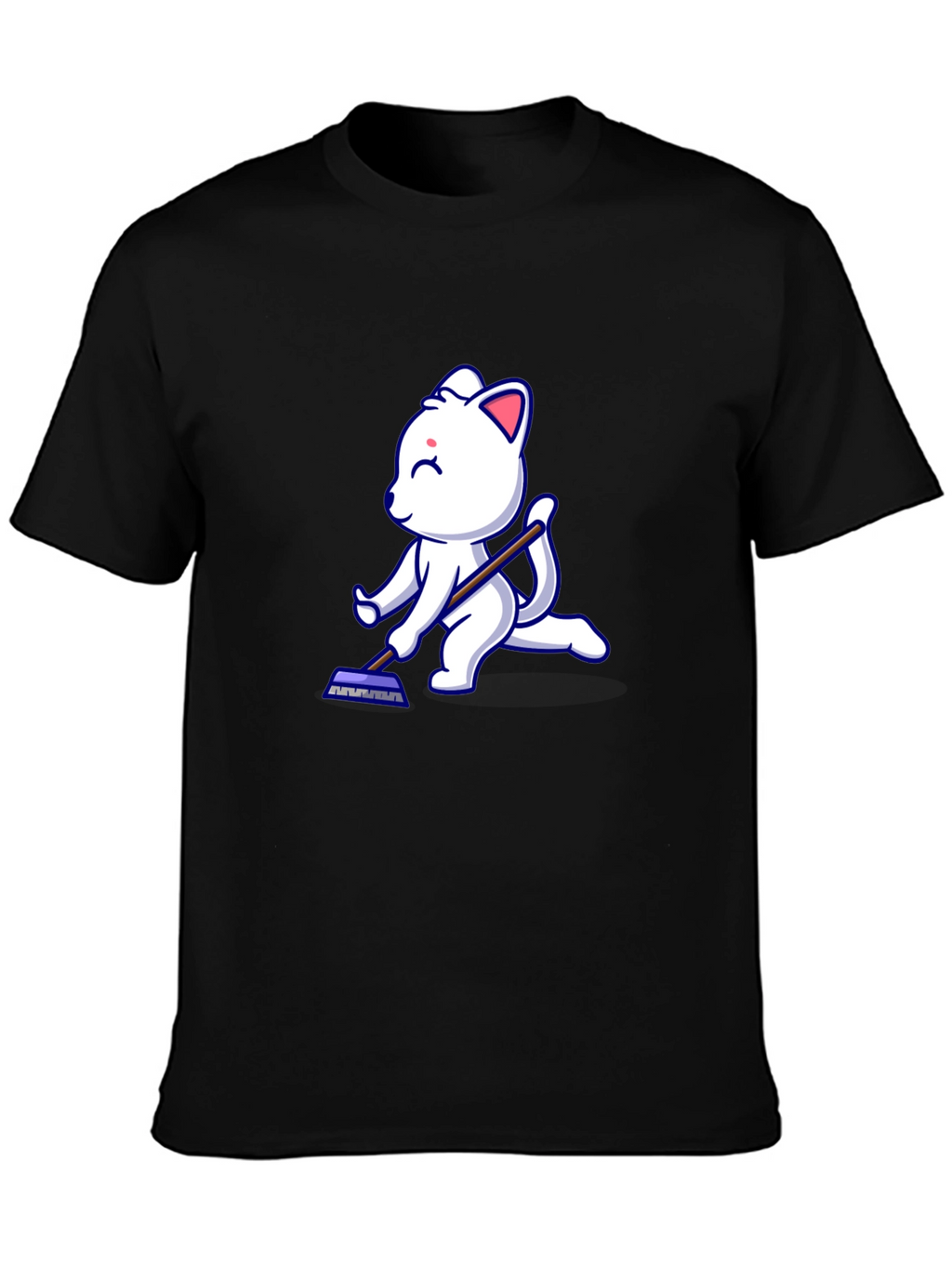 Cute Cat Cleaning T-Shirt - Black Cotton Tee