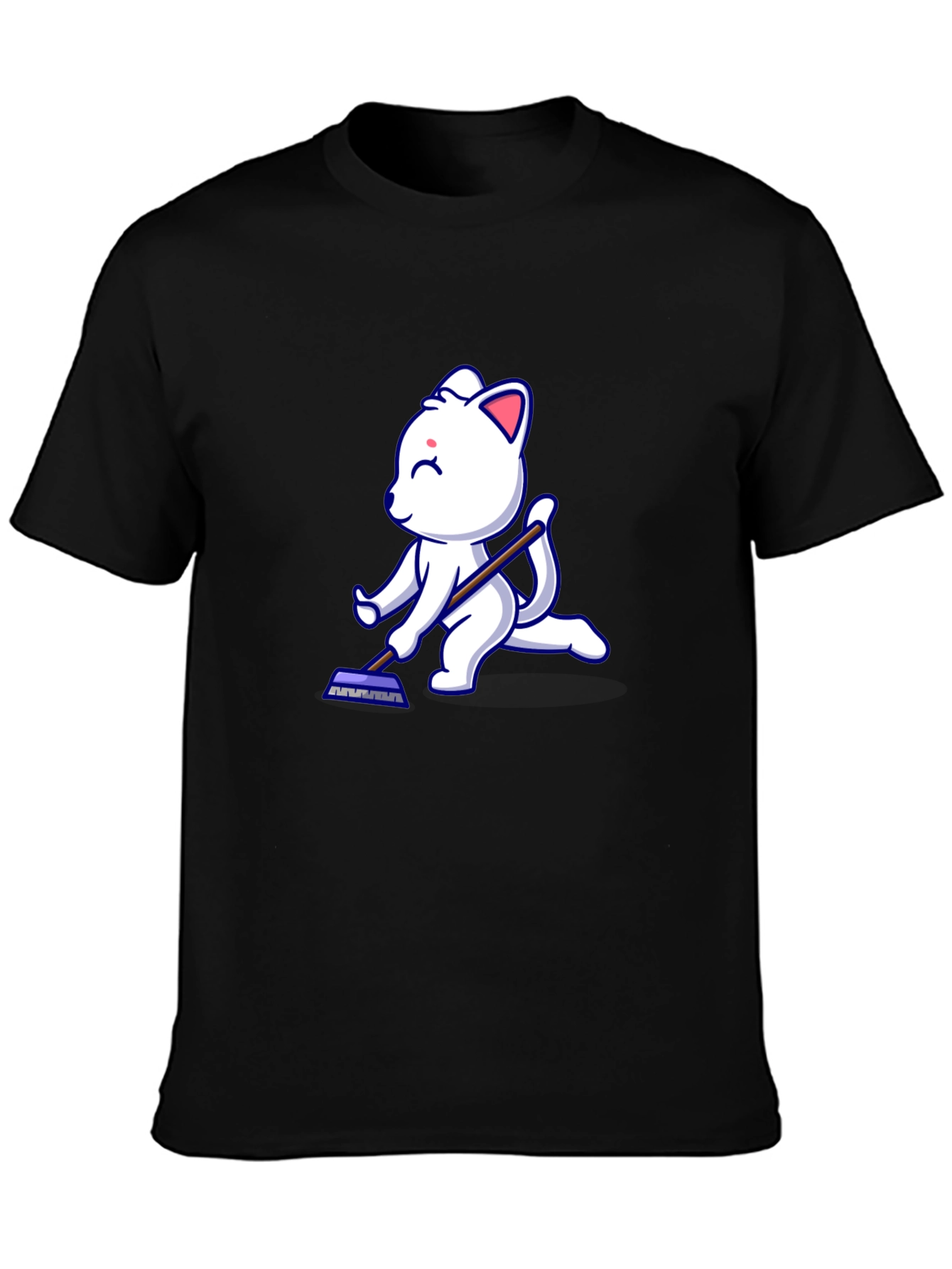 Cute Cat Cleaning T-Shirt - Black Cotton Tee
