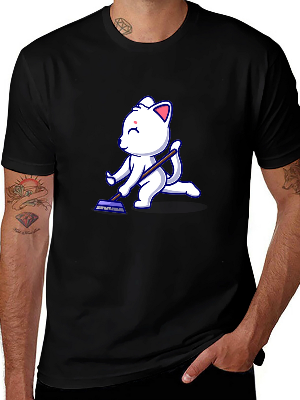 Cute Cat Cleaning T-Shirt - Black Cotton Tee