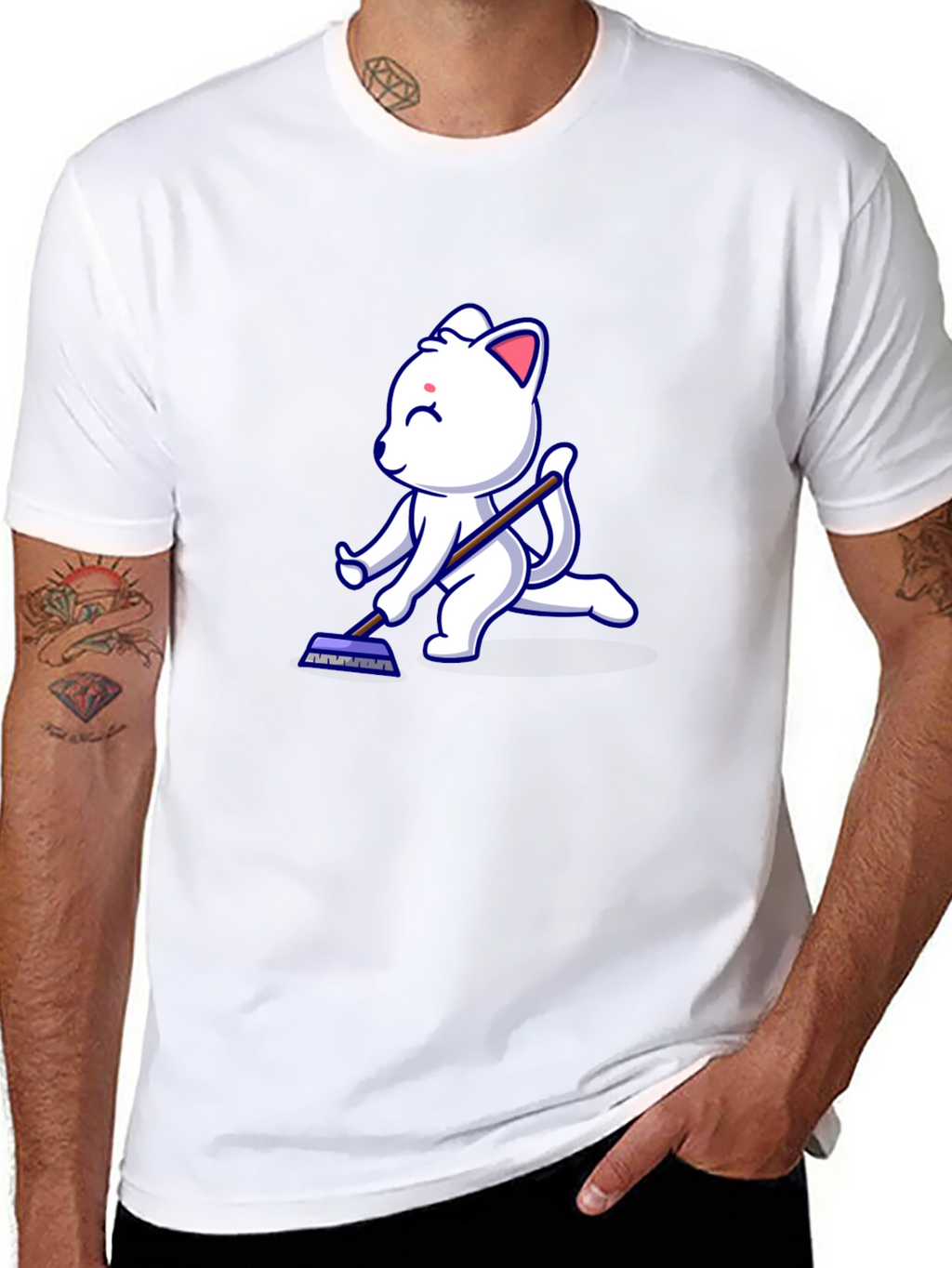 Cute Cat Cleaning T-Shirt - Black Cotton Tee