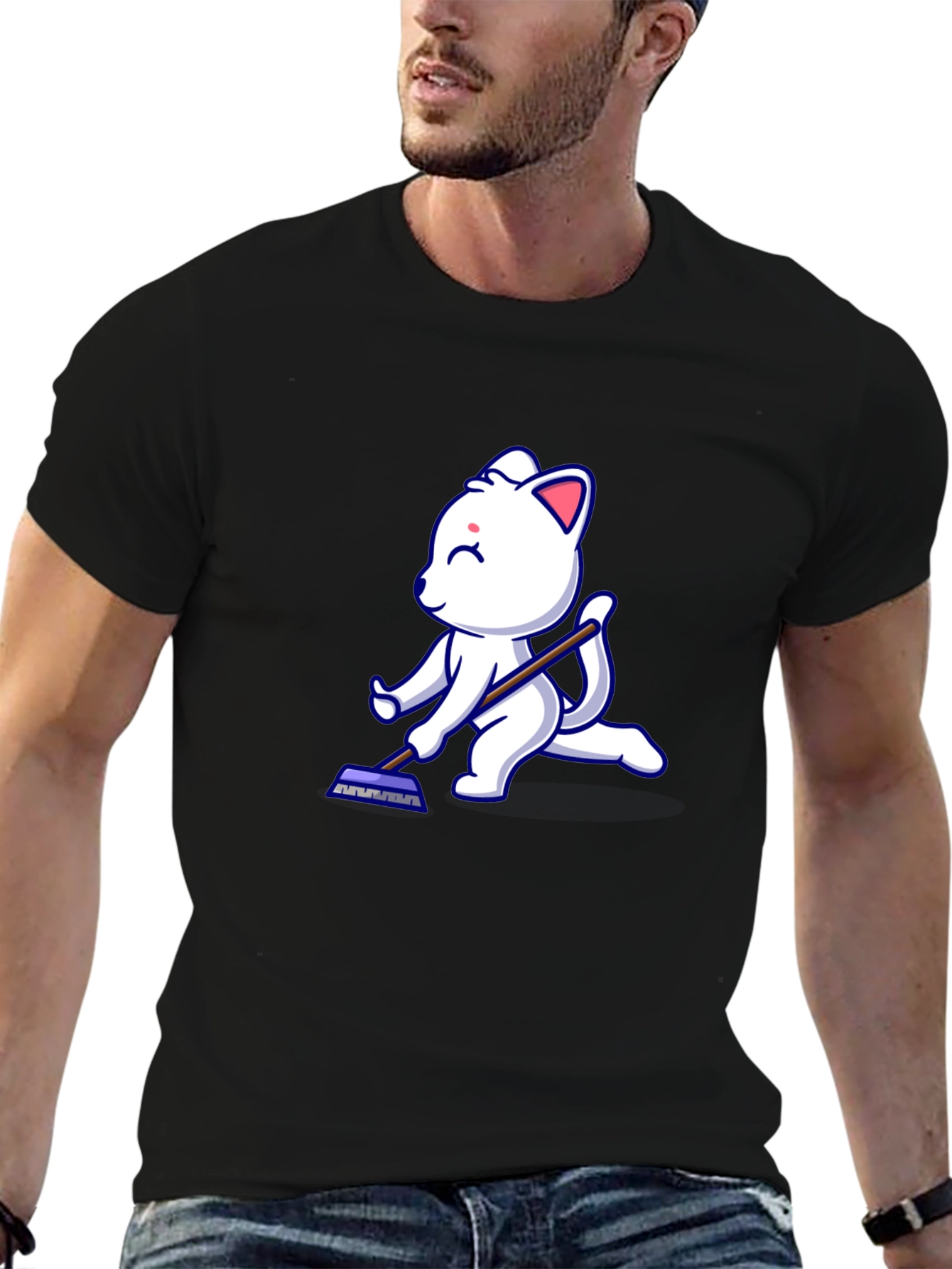 Cute Cat Cleaning T-Shirt - Black Cotton Tee