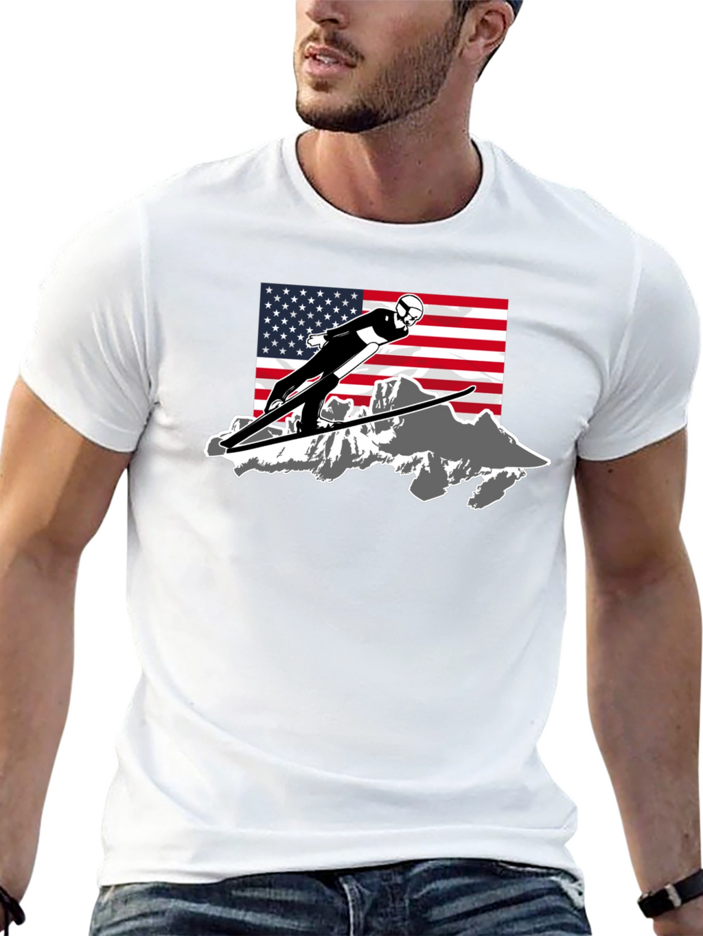 Ski Jumper USA Flag Graphic T-Shirt