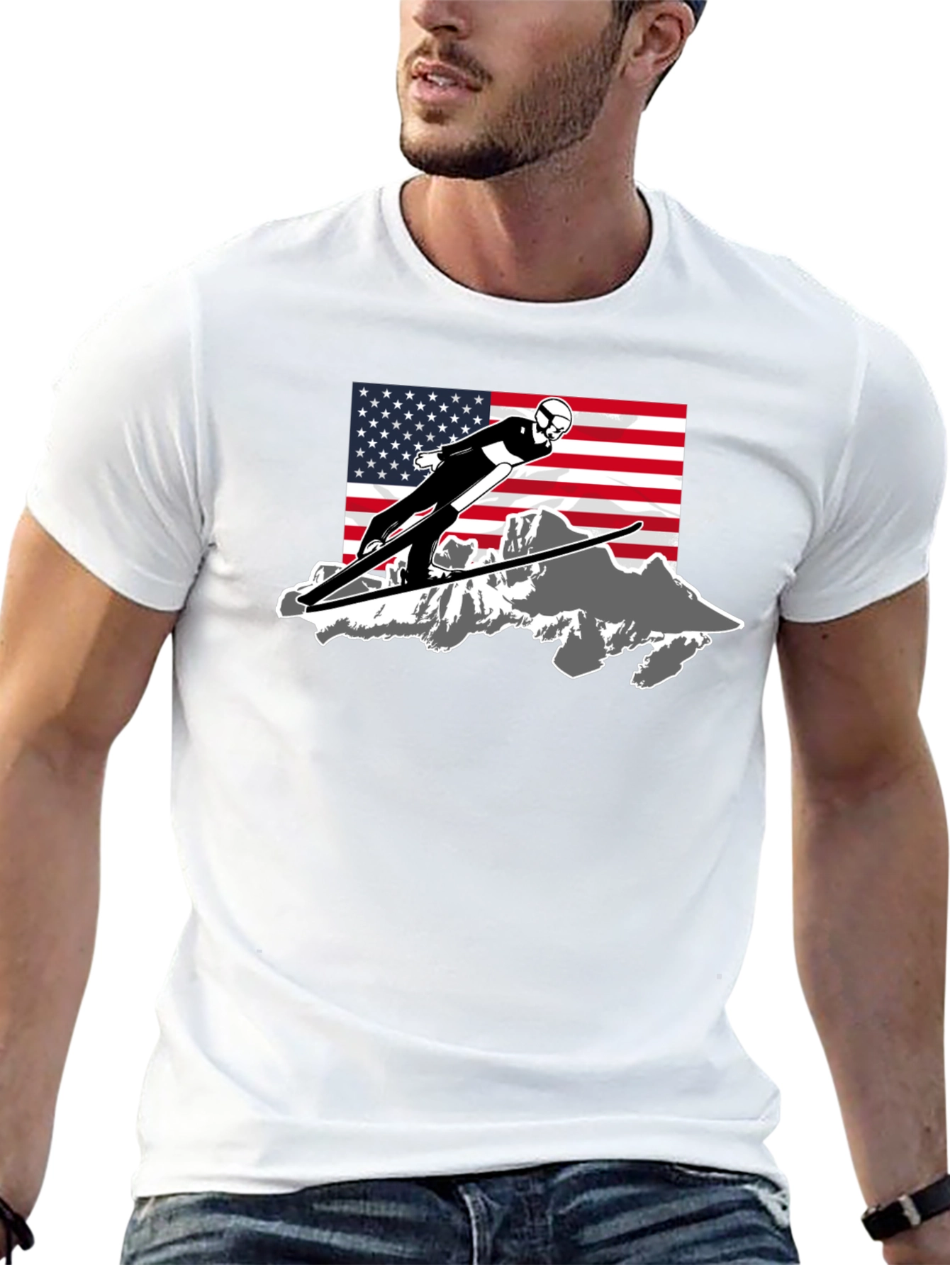 Ski Jumper USA Flag Graphic T-Shirt