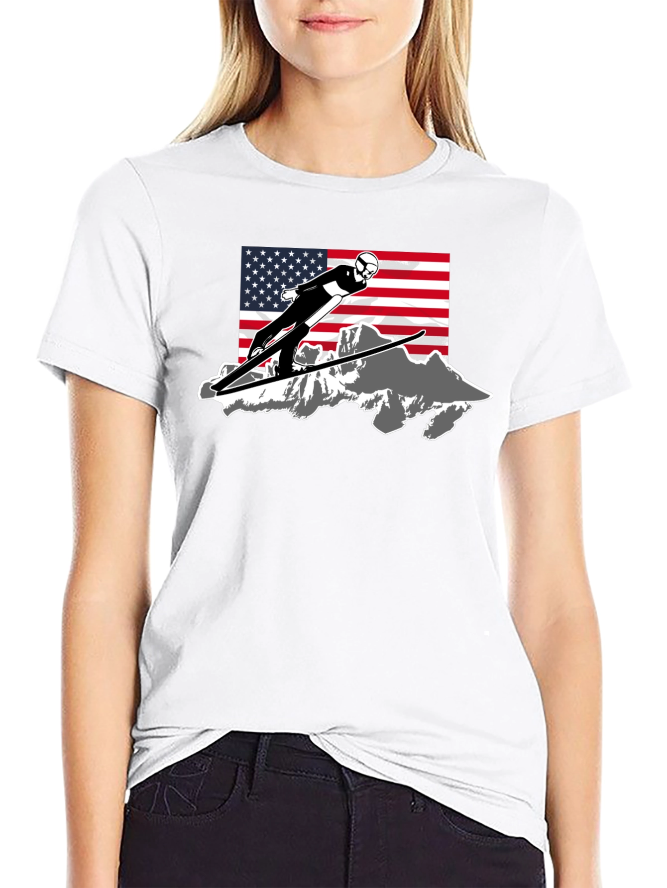 Ski Jumper USA Flag Graphic T-Shirt