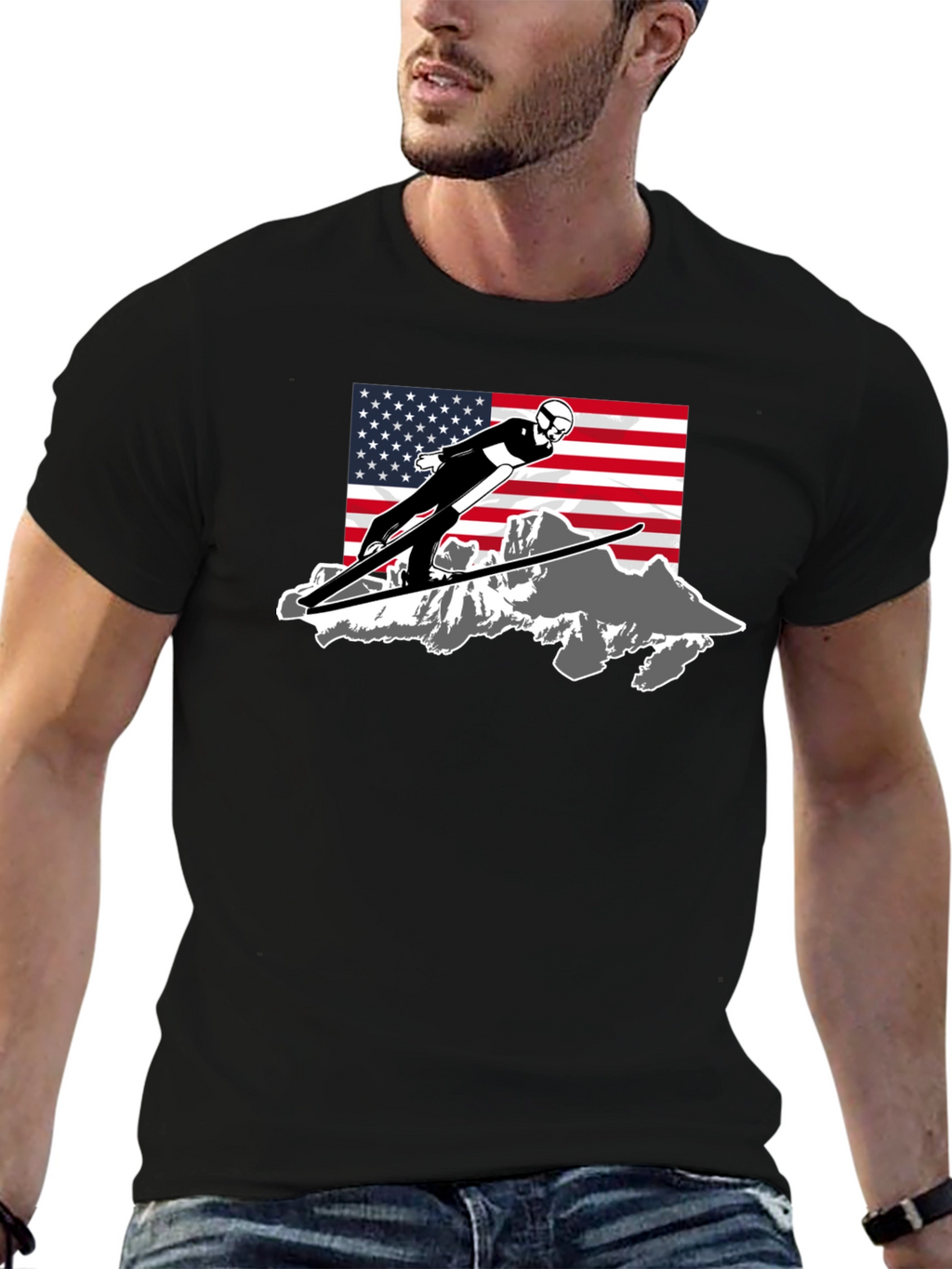 Ski Jumper USA Flag Graphic T-Shirt