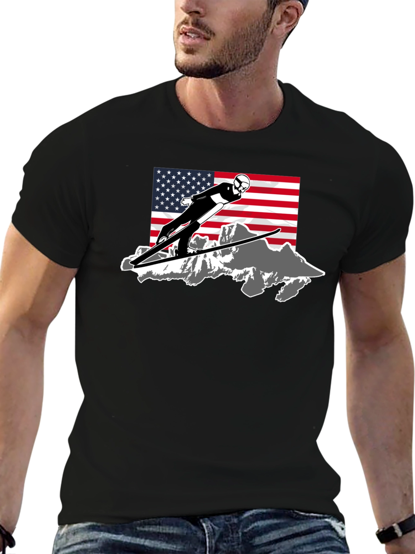 Ski Jumper USA Flag Graphic T-Shirt