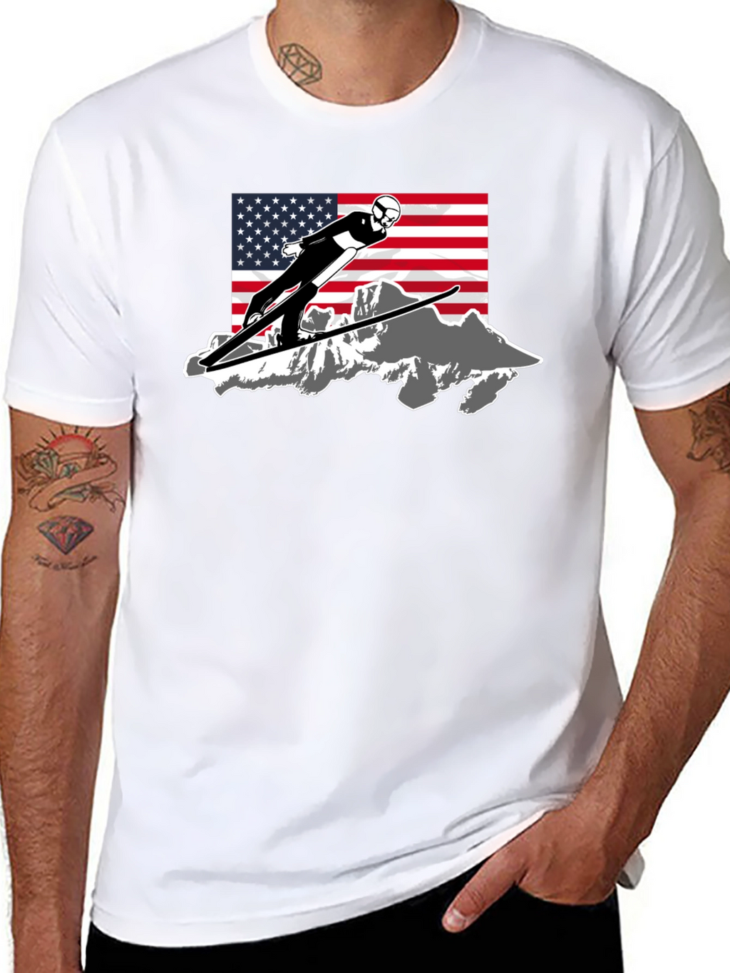 Ski Jumper USA Flag Graphic T-Shirt