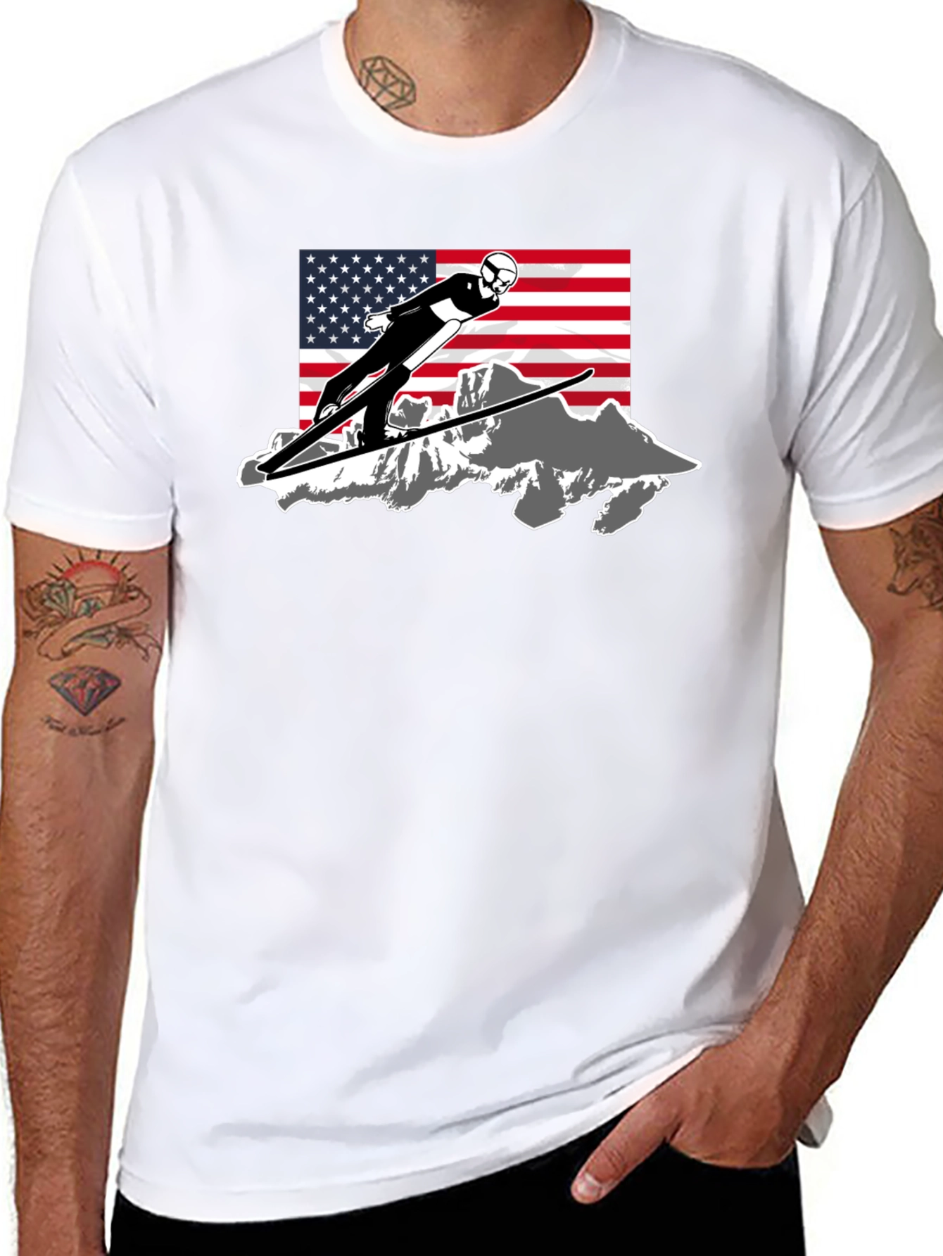 Ski Jumper USA Flag Graphic T-Shirt