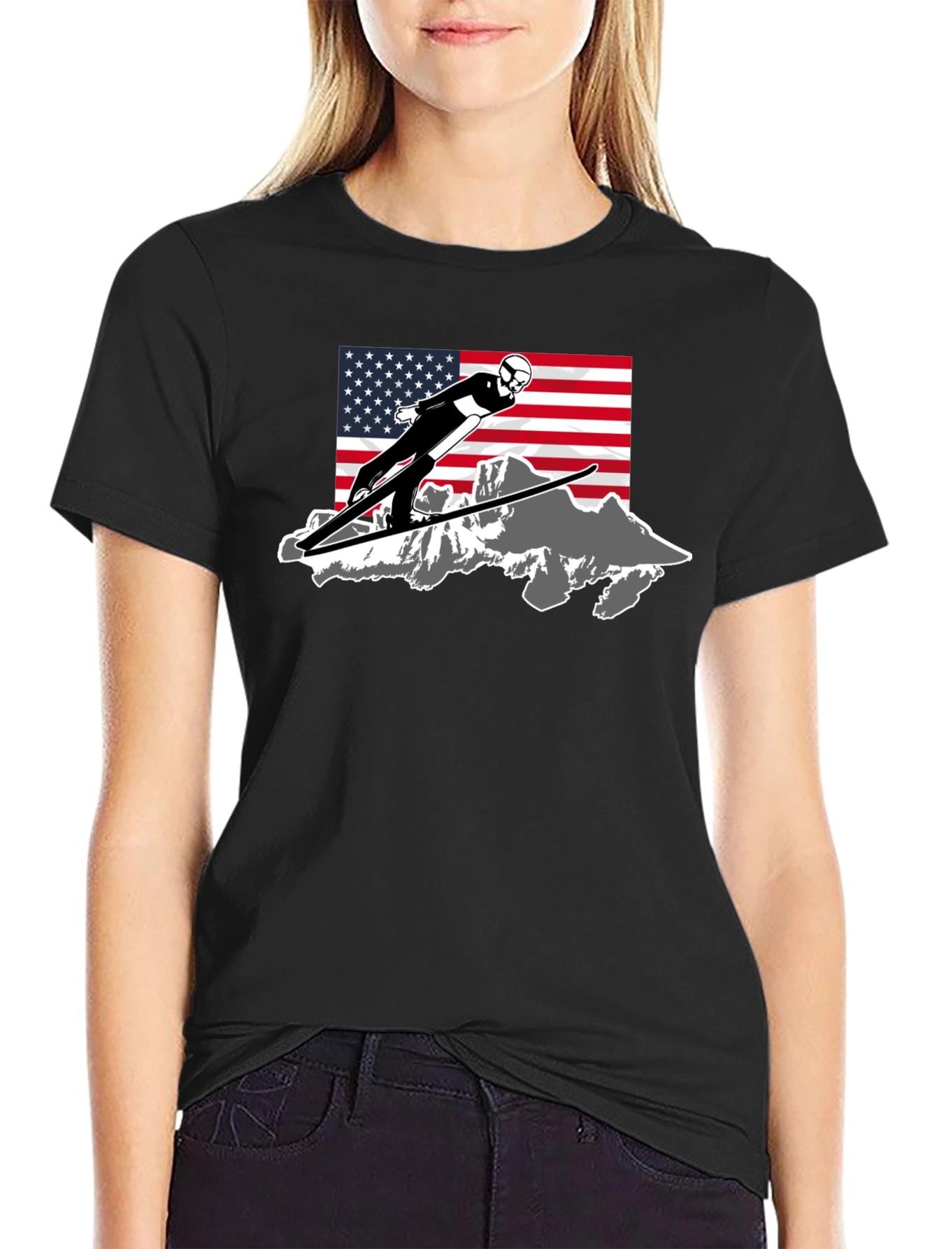 Ski Jumper USA Flag Graphic T-Shirt