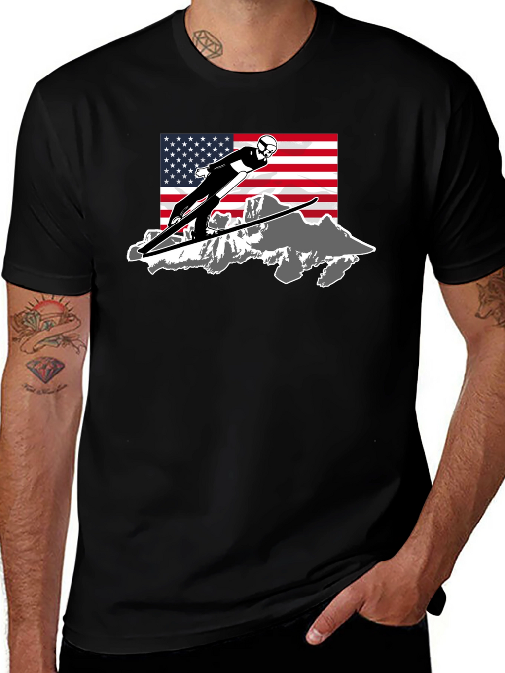 Ski Jumper USA Flag Graphic T-Shirt