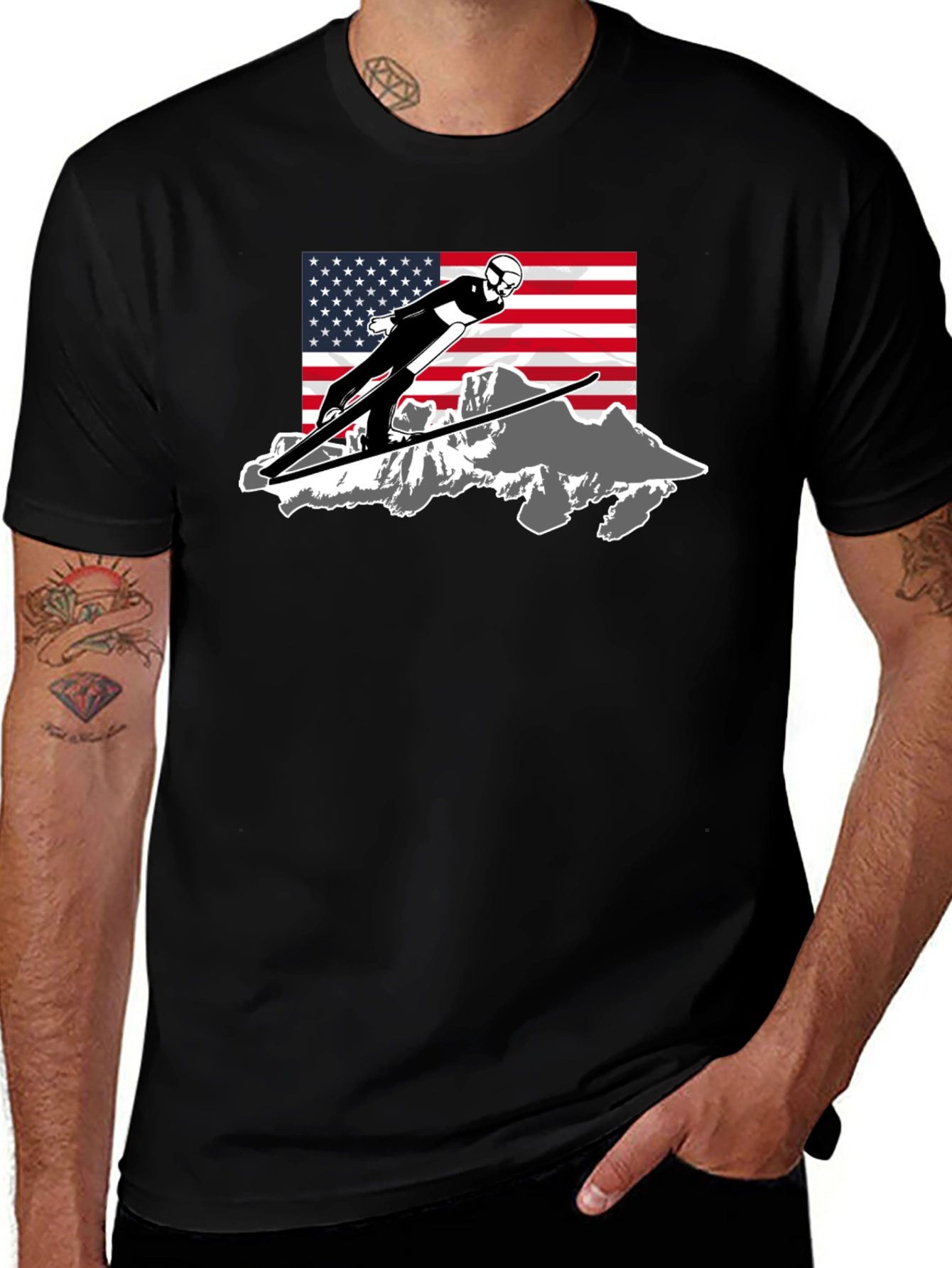Ski Jumper USA Flag Graphic T-Shirt