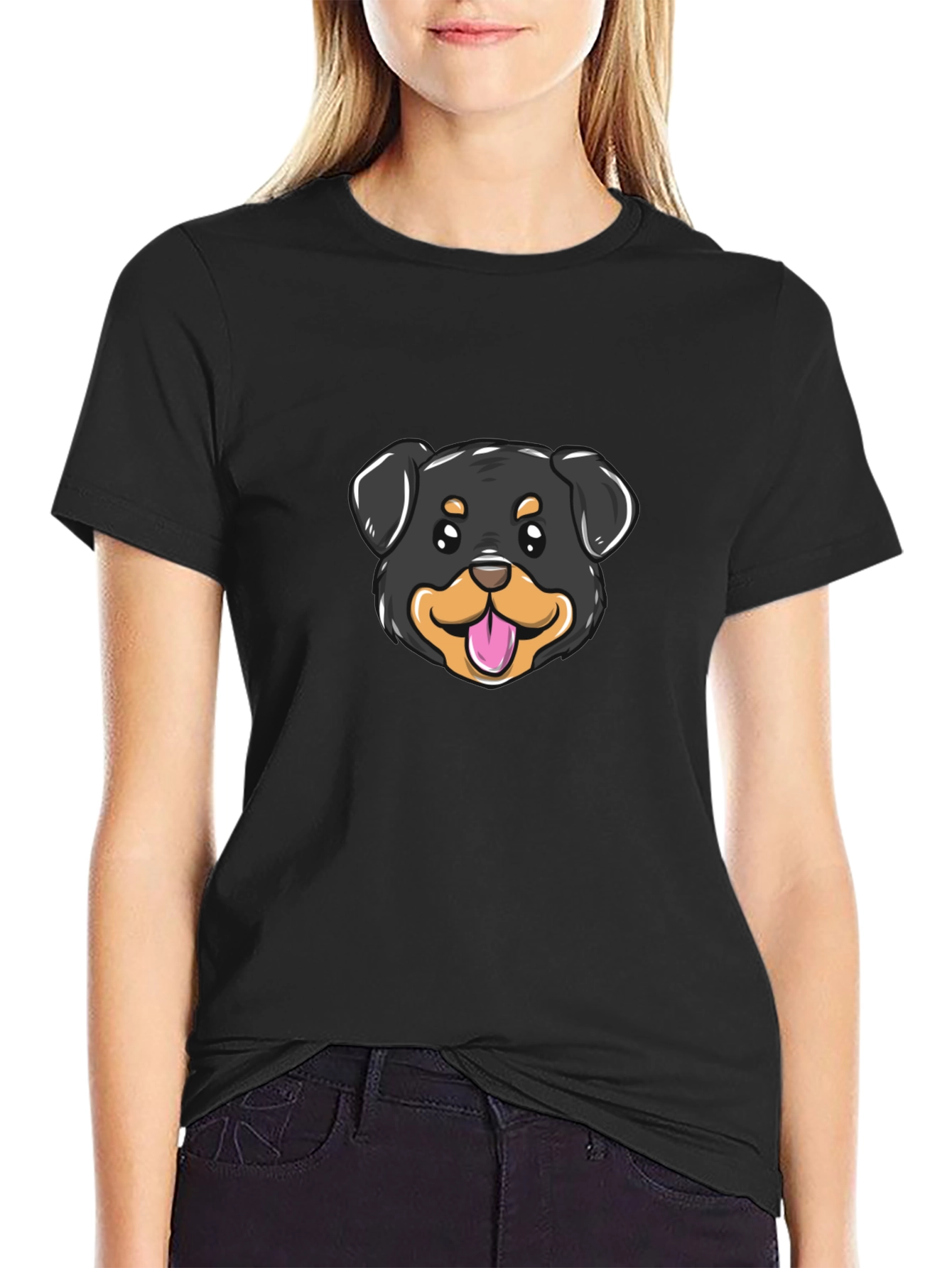 Cute Rottweiler Dog Graphic Tee - Black Cotton Blend