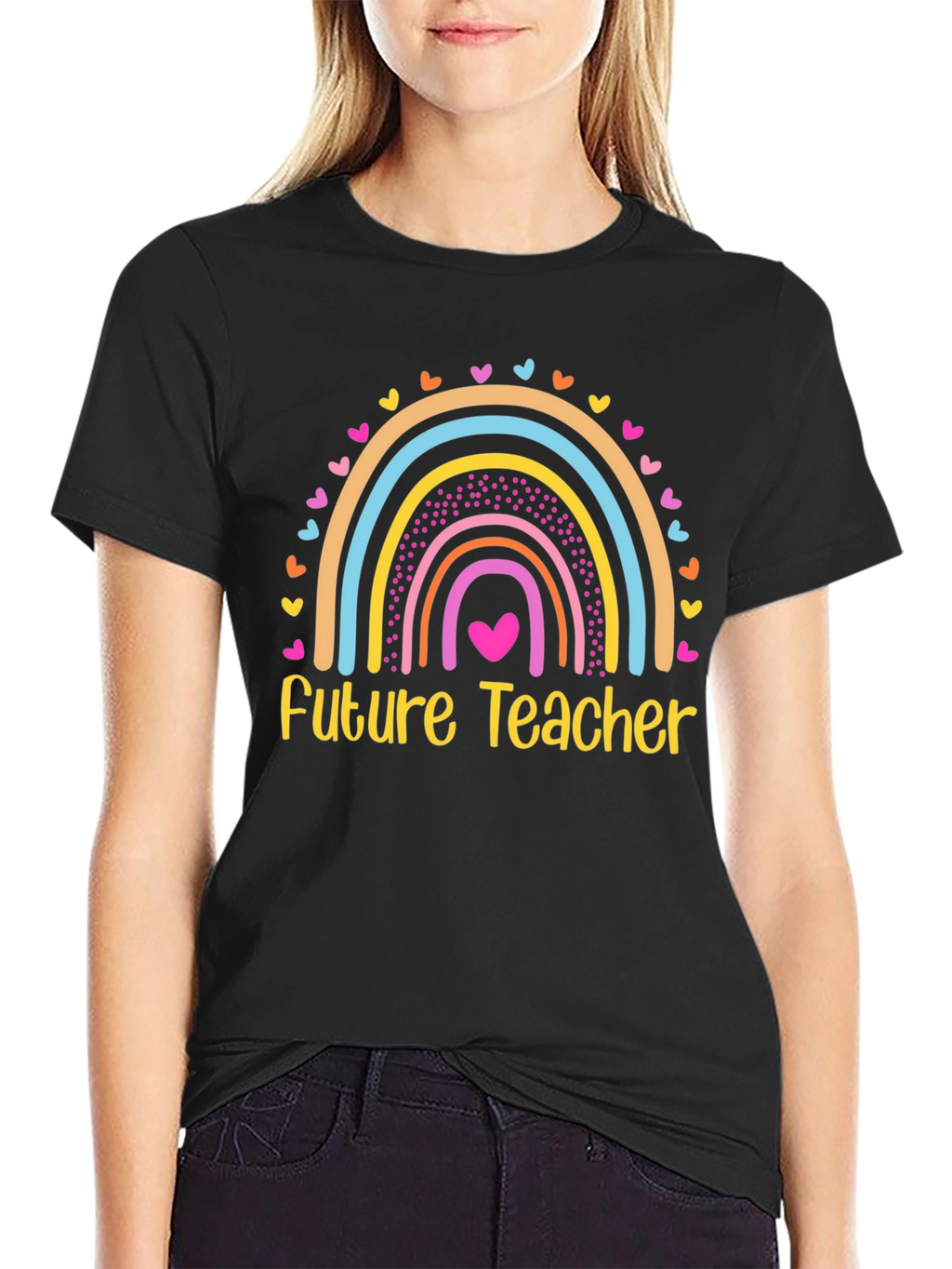 Future Teacher Rainbow Heart T-Shirt - Black Cotton Tee