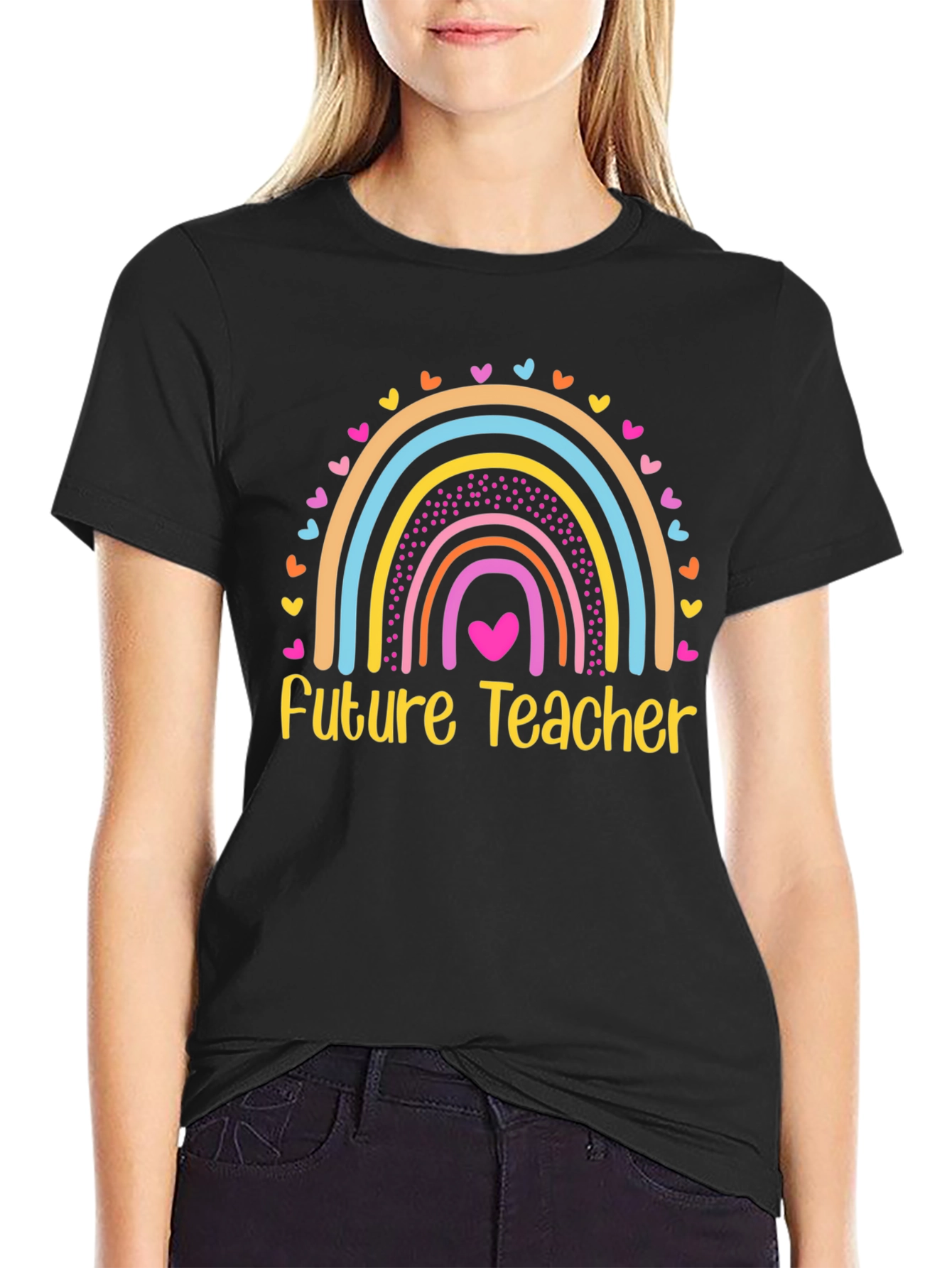 Future Teacher Rainbow Heart T-Shirt - Black Cotton Tee