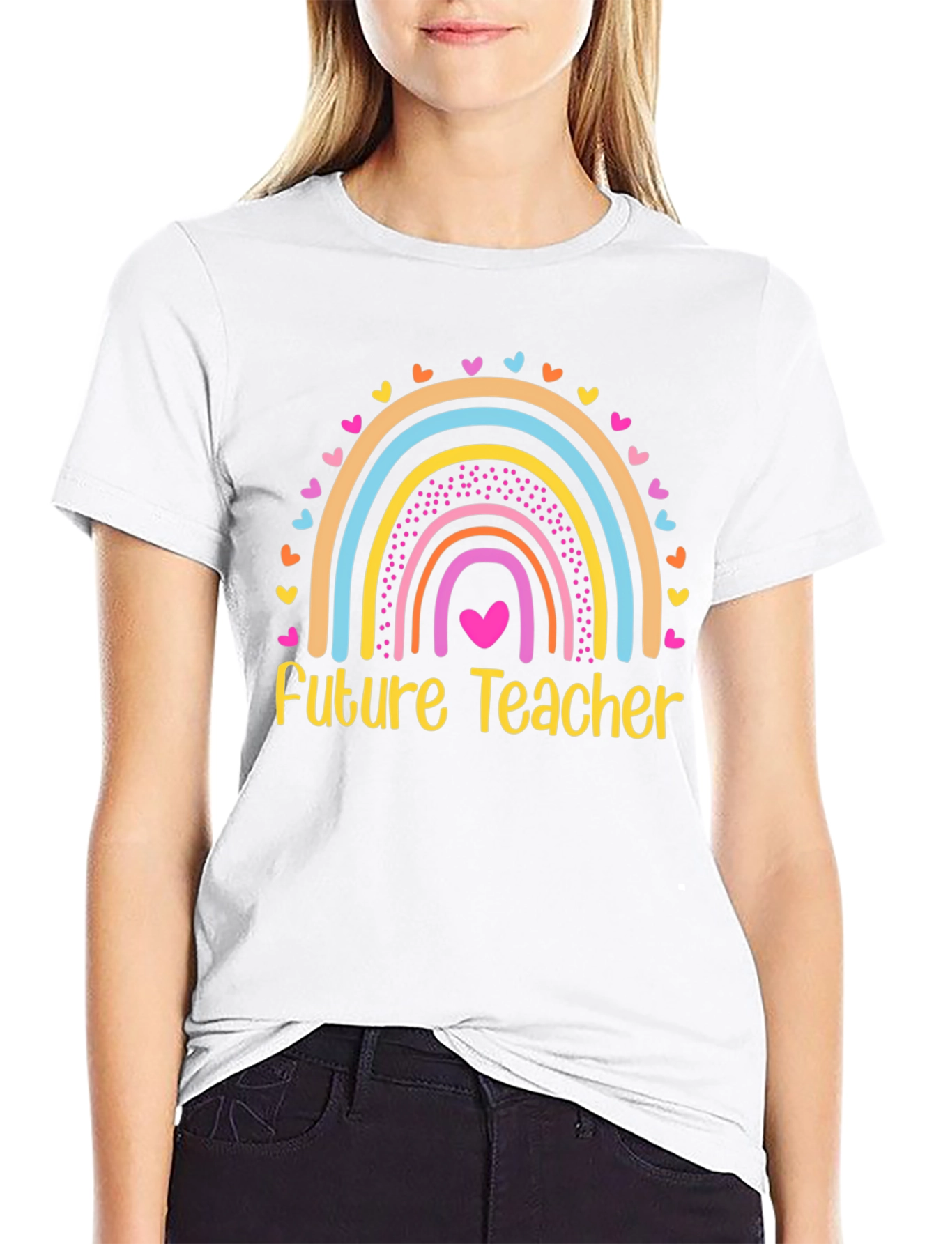 Future Teacher Rainbow Heart T-Shirt - Black Cotton Tee