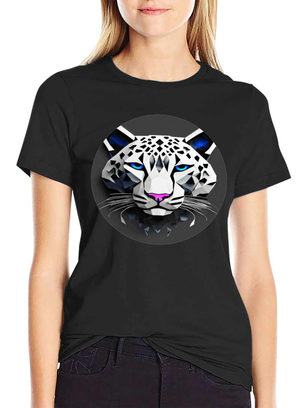 Geometric Snow Leopard Graphic T-Shirt - Black