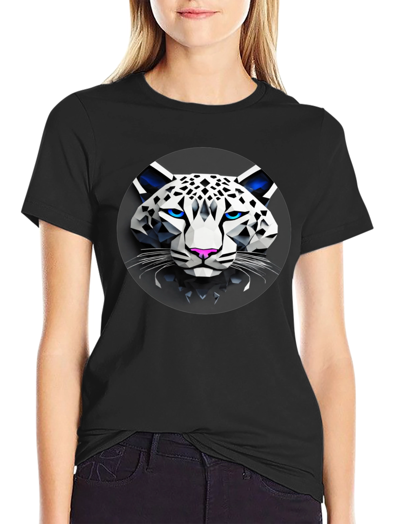 Geometric Snow Leopard Graphic T-Shirt - Black