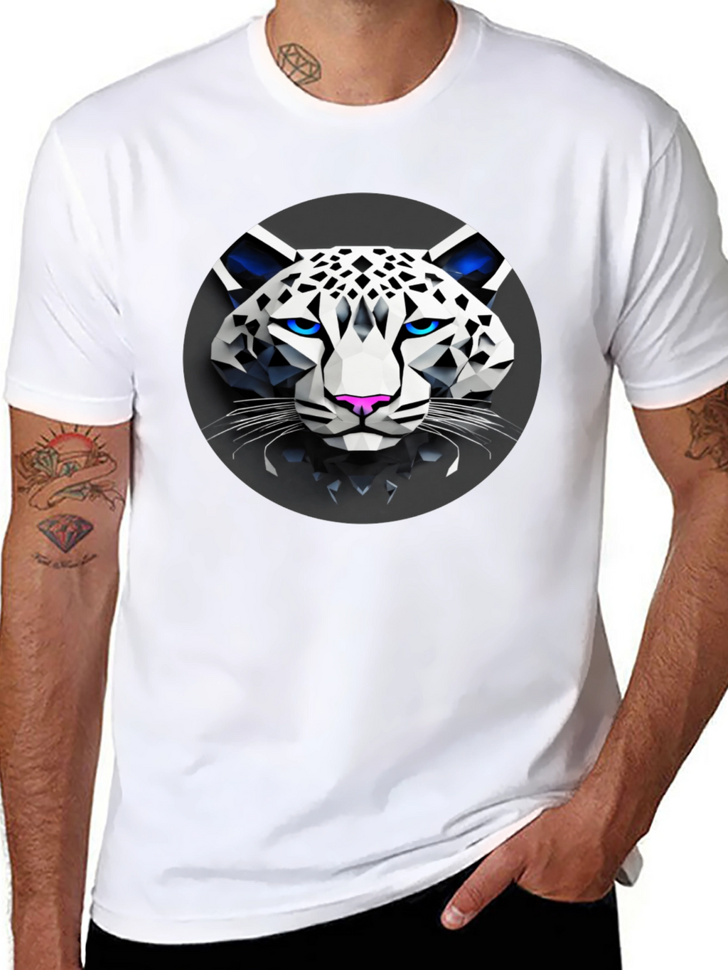 Geometric Snow Leopard Graphic T-Shirt - Black