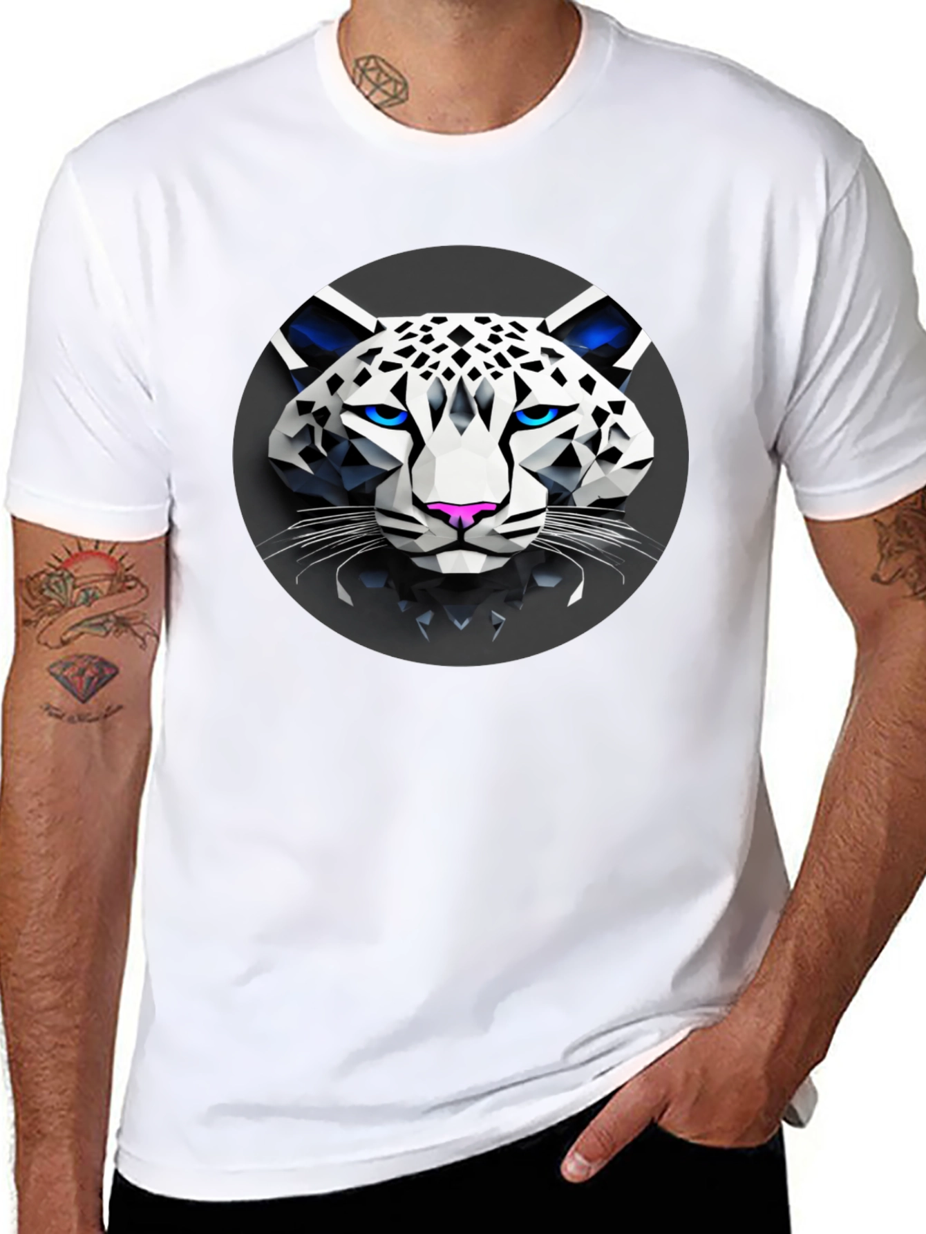Geometric Snow Leopard Graphic T-Shirt - Black