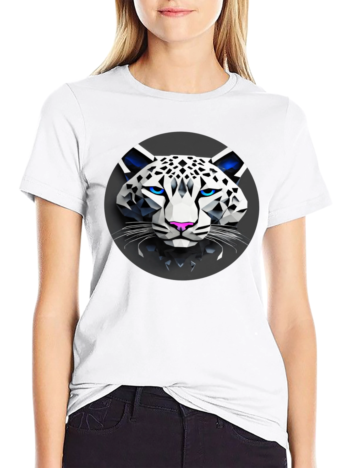 Geometric Snow Leopard Graphic T-Shirt - Black