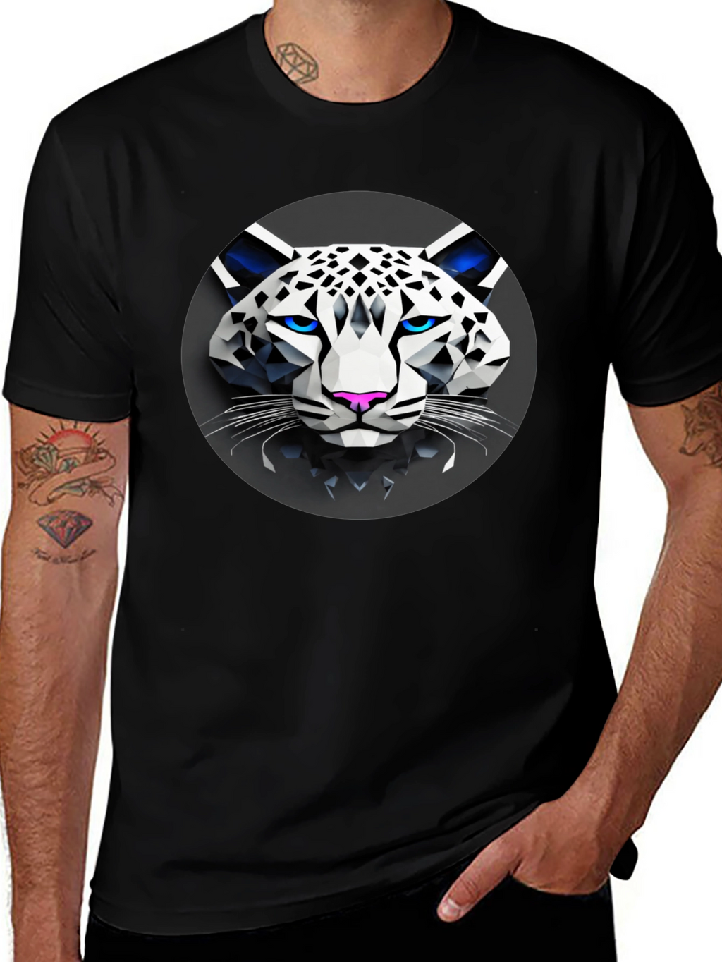 Geometric Snow Leopard Graphic T-Shirt - Black