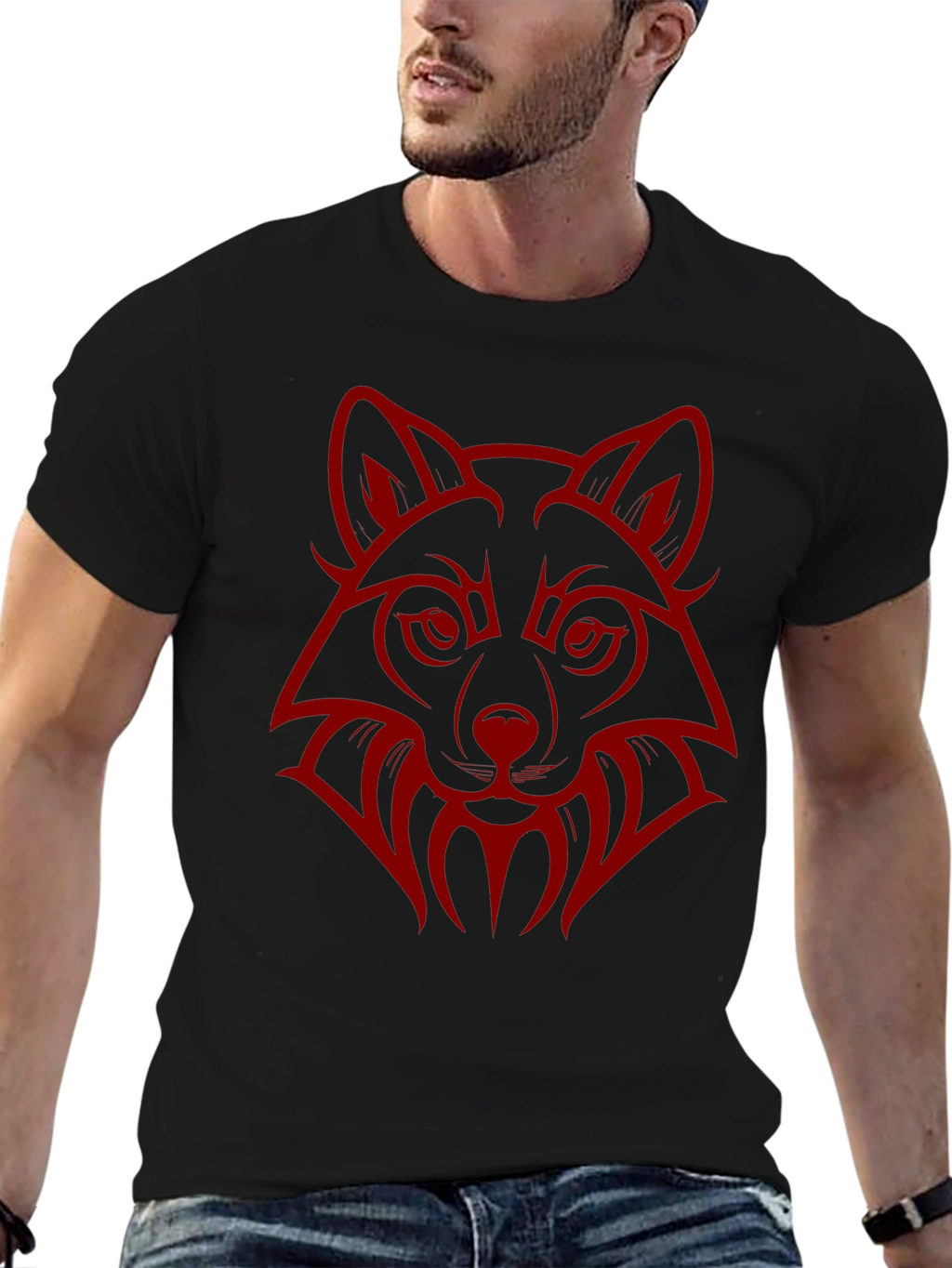 Wolf Head Graphic Print Crew Neck T-Shirt