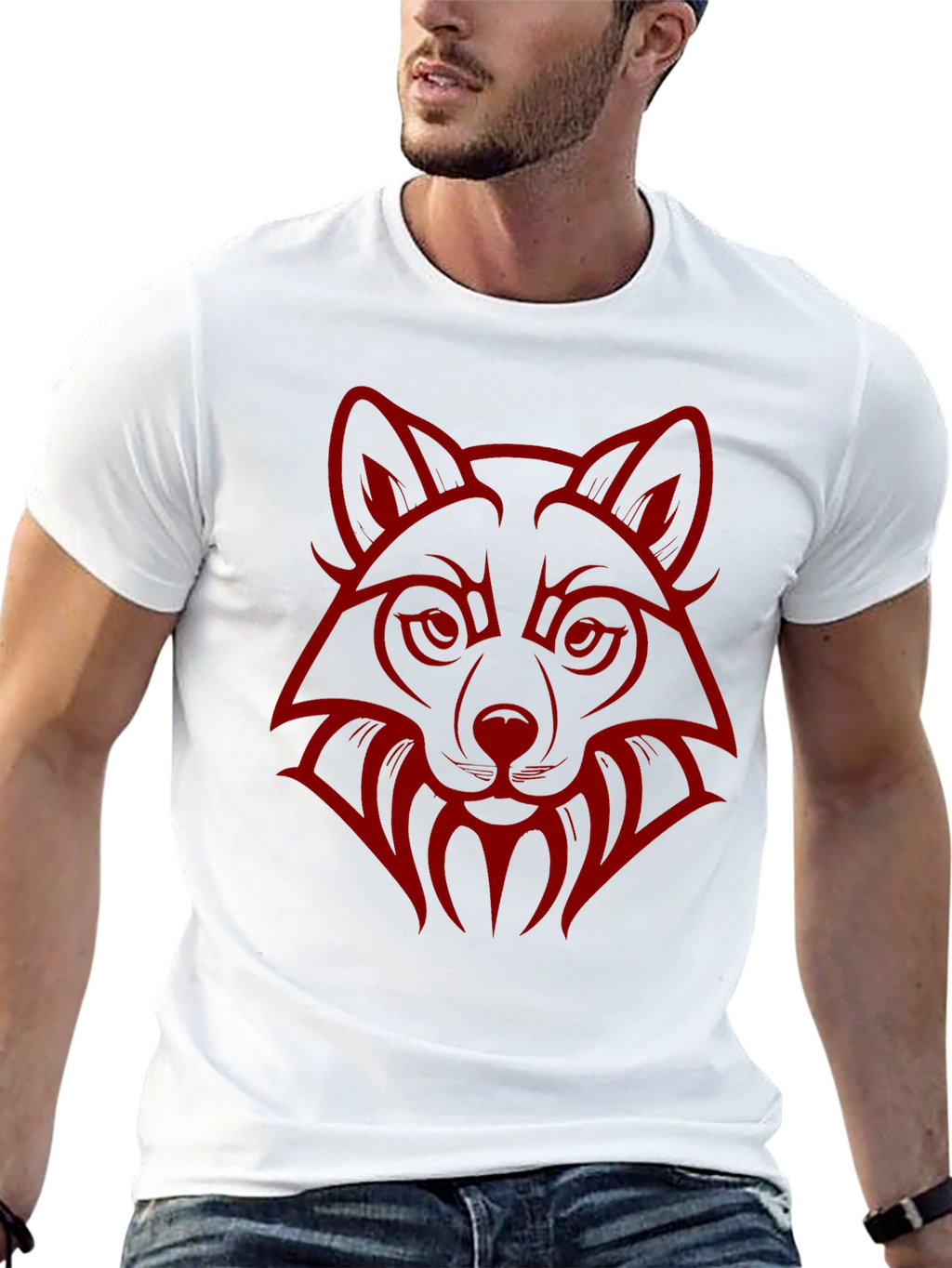 Wolf Head Graphic Print Crew Neck T-Shirt
