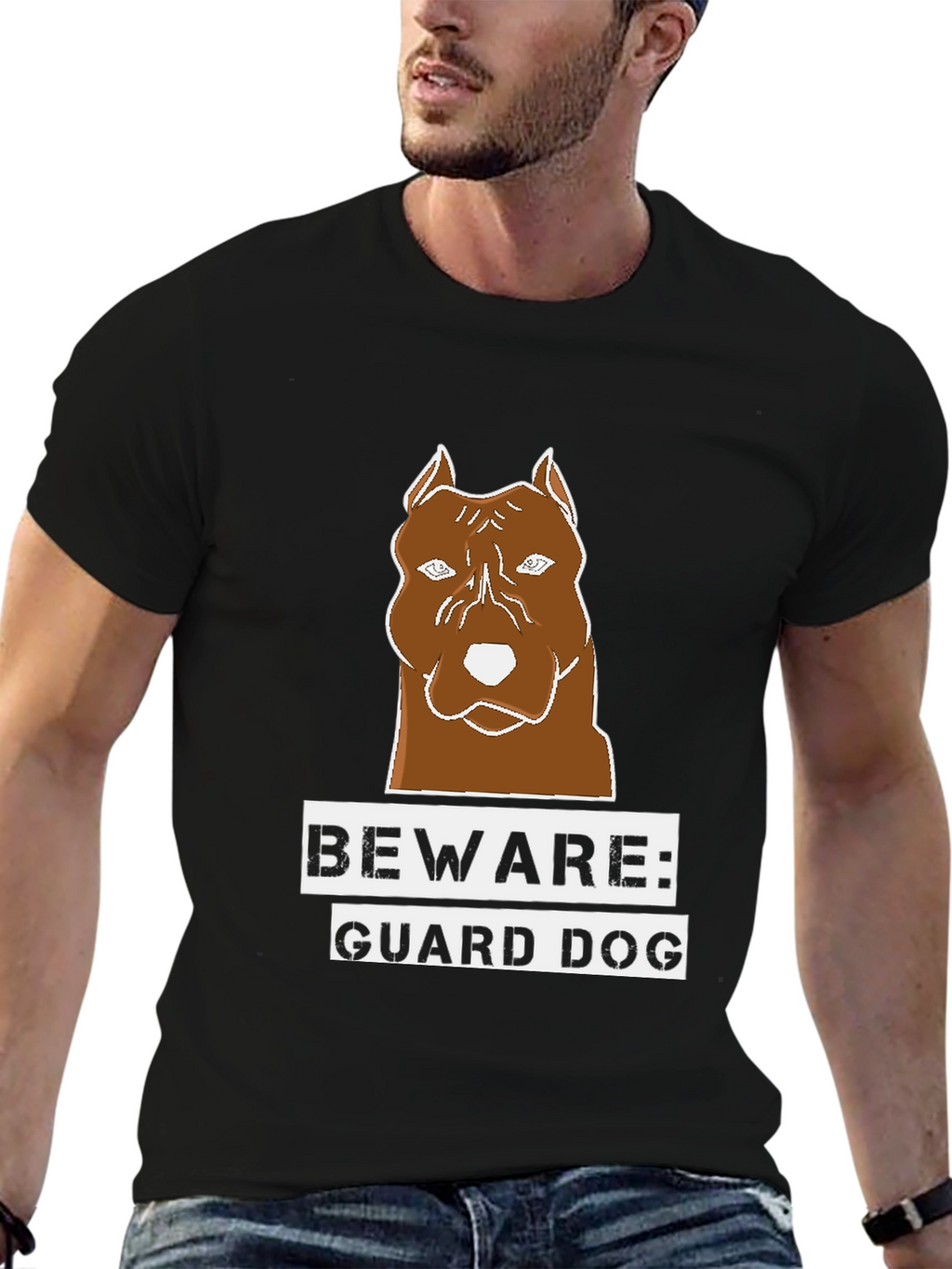 Beware Guard Dog T-Shirt Brown Pitbull Graphic Tee
