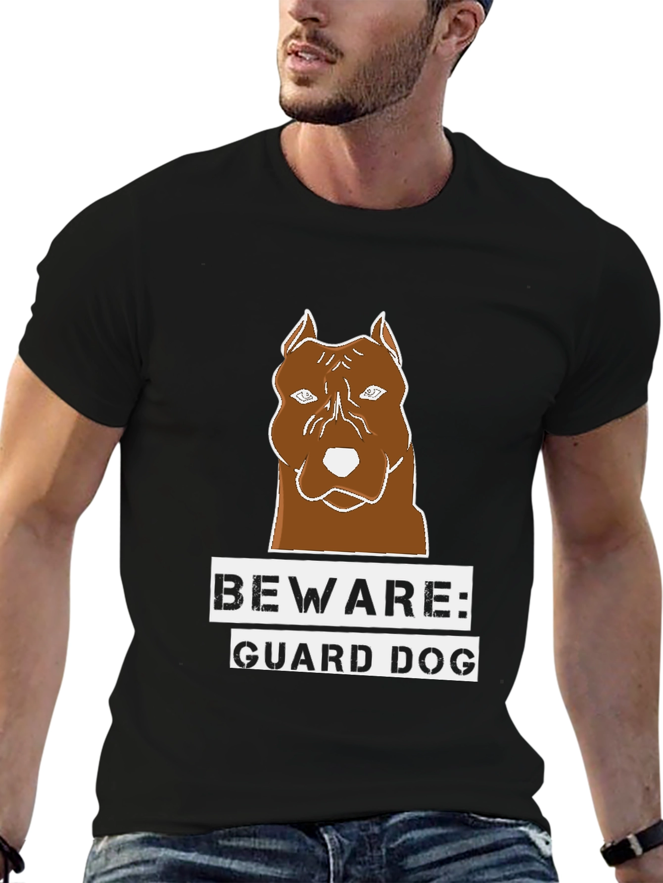 Beware Guard Dog T-Shirt Brown Pitbull Graphic Tee