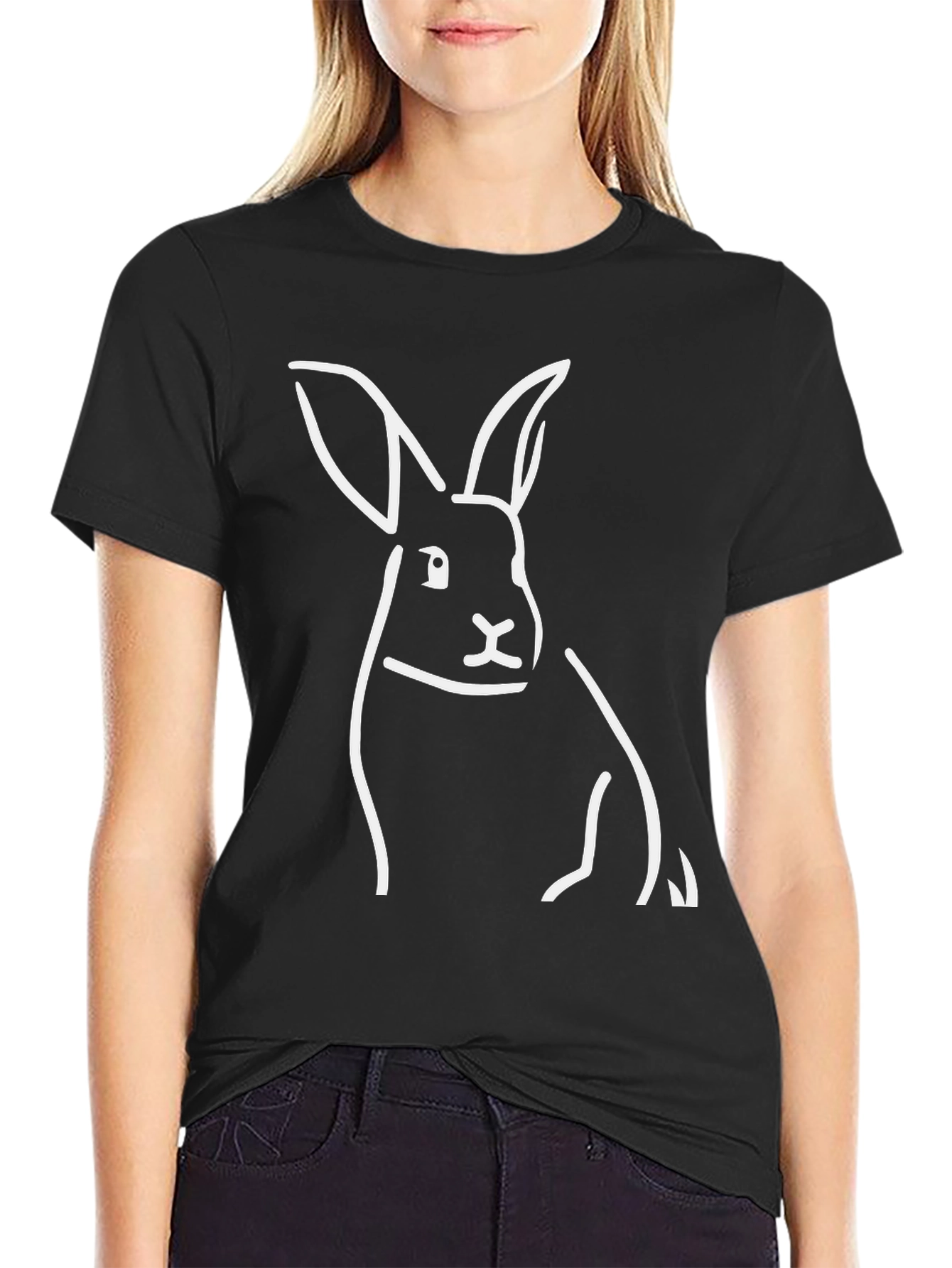 Minimalist Rabbit Graphic Tee - Black Cotton Shirt