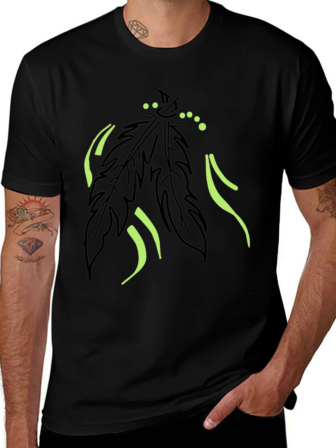 Mens Black T-Shirt with Feather Graphic Design
