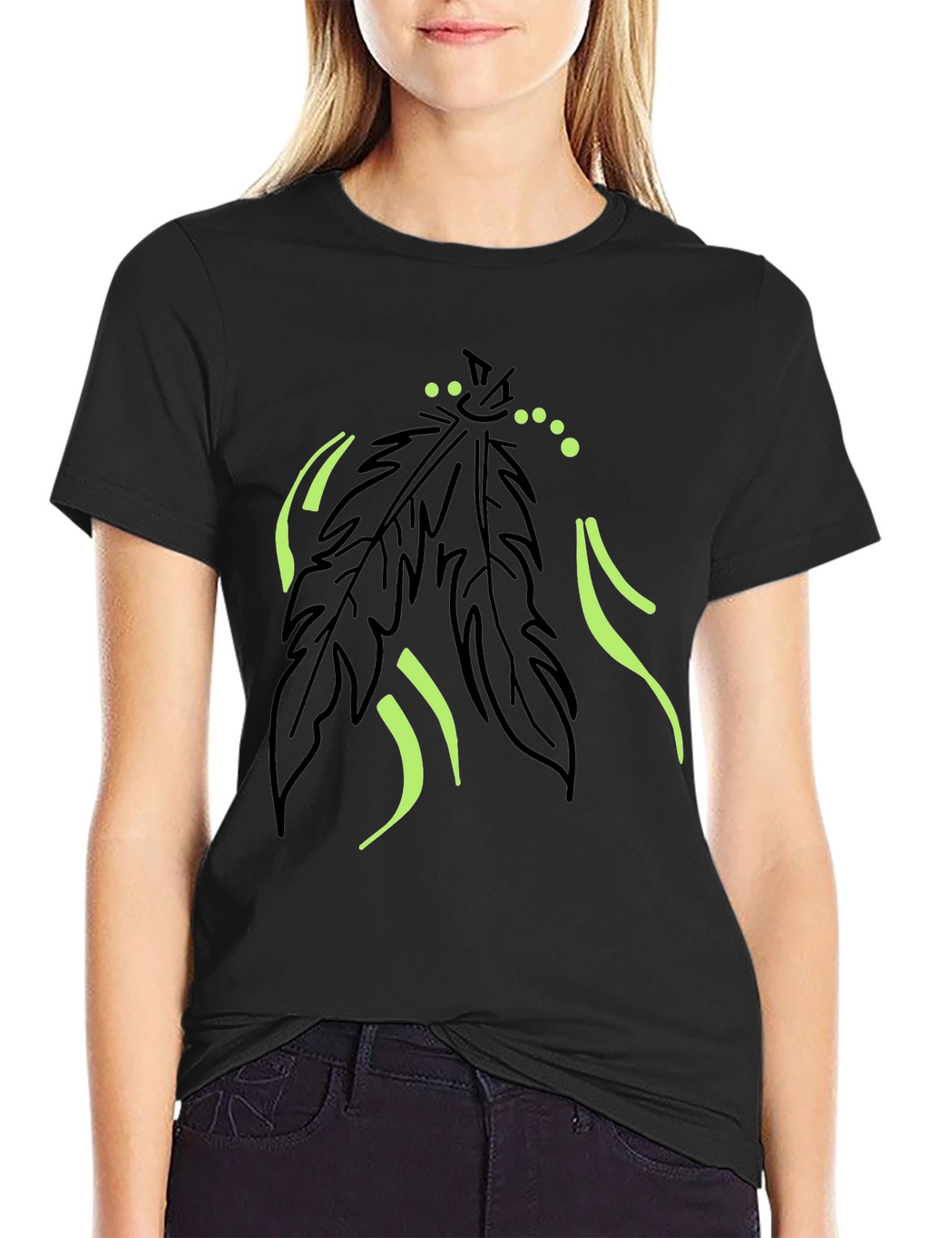 Mens Black T-Shirt with Feather Graphic Design