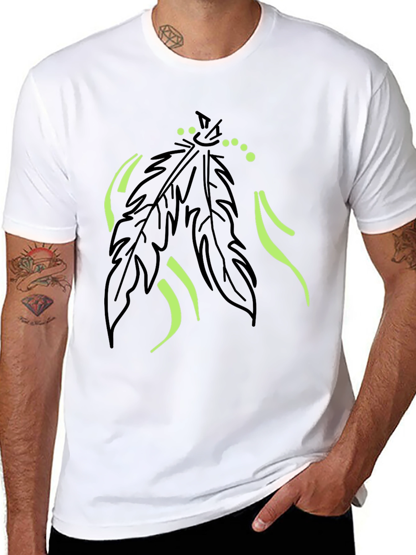 Mens Black T-Shirt with Feather Graphic Design