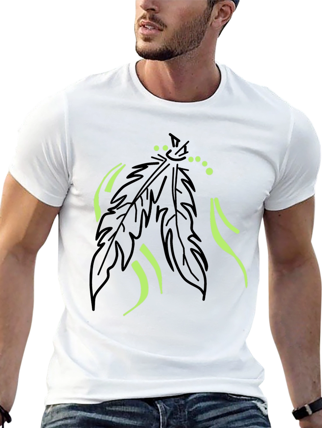 Mens Black T-Shirt with Feather Graphic Design