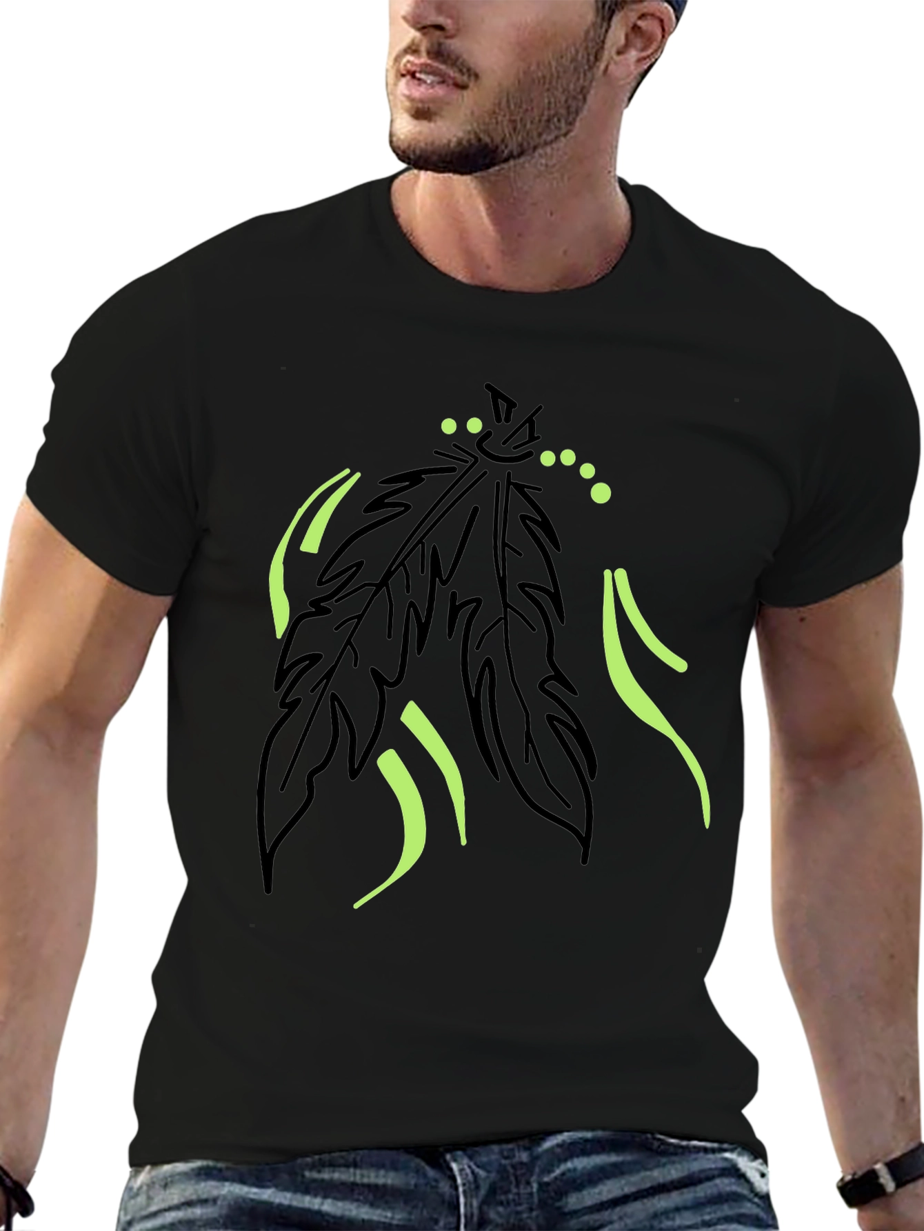 Mens Black T-Shirt with Feather Graphic Design