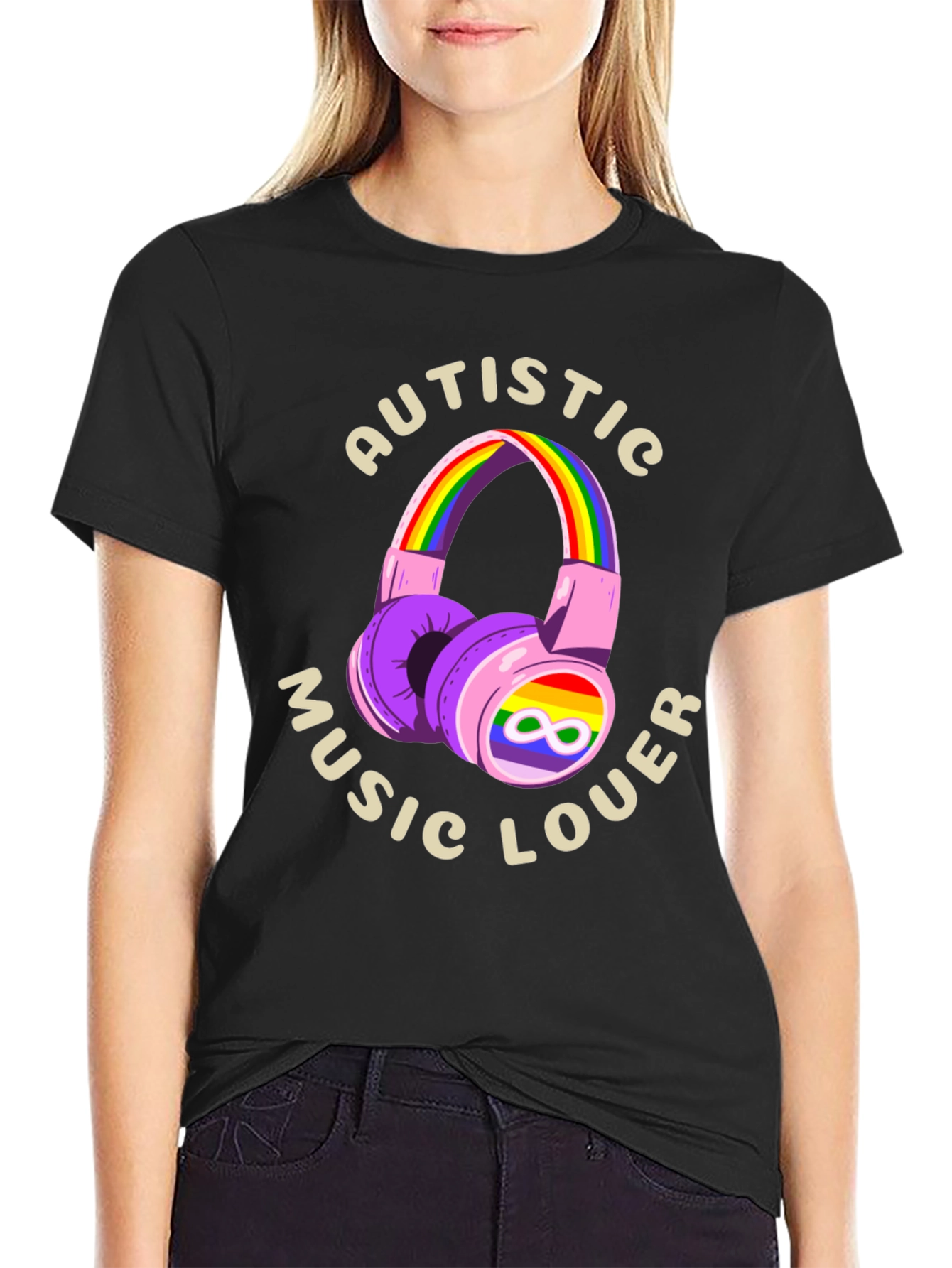 Autistic Music Lover T-Shirt - Rainbow Headphones Design