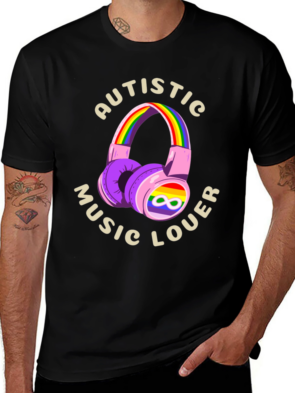 Autistic Music Lover T-Shirt - Rainbow Headphones Design