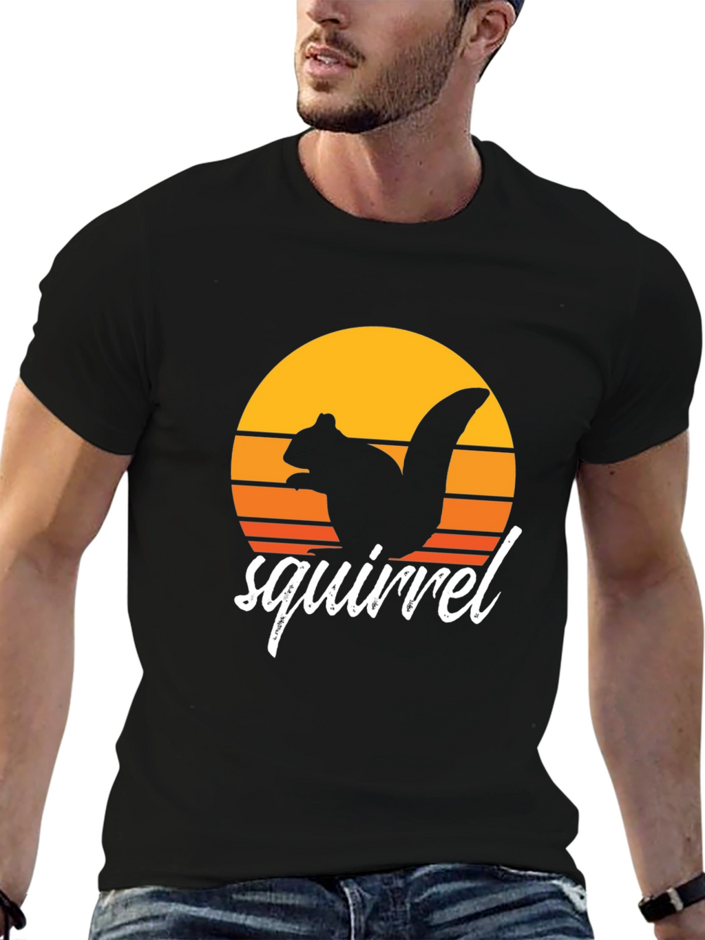 Retro Squirrel Sunset Graphic Tee - Black