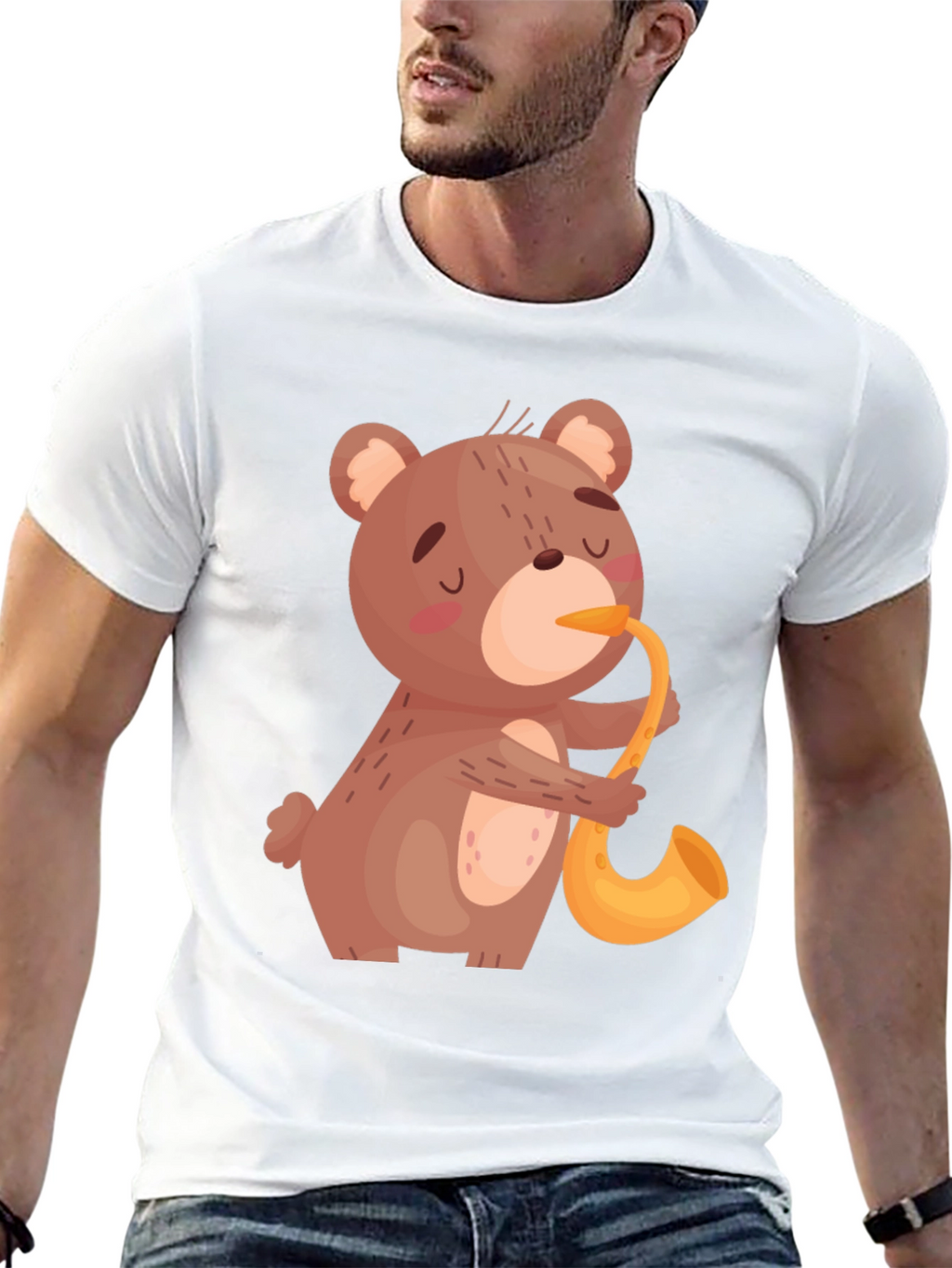 Bear Saxophone Graphic Tee - Cool Black T-Shirt