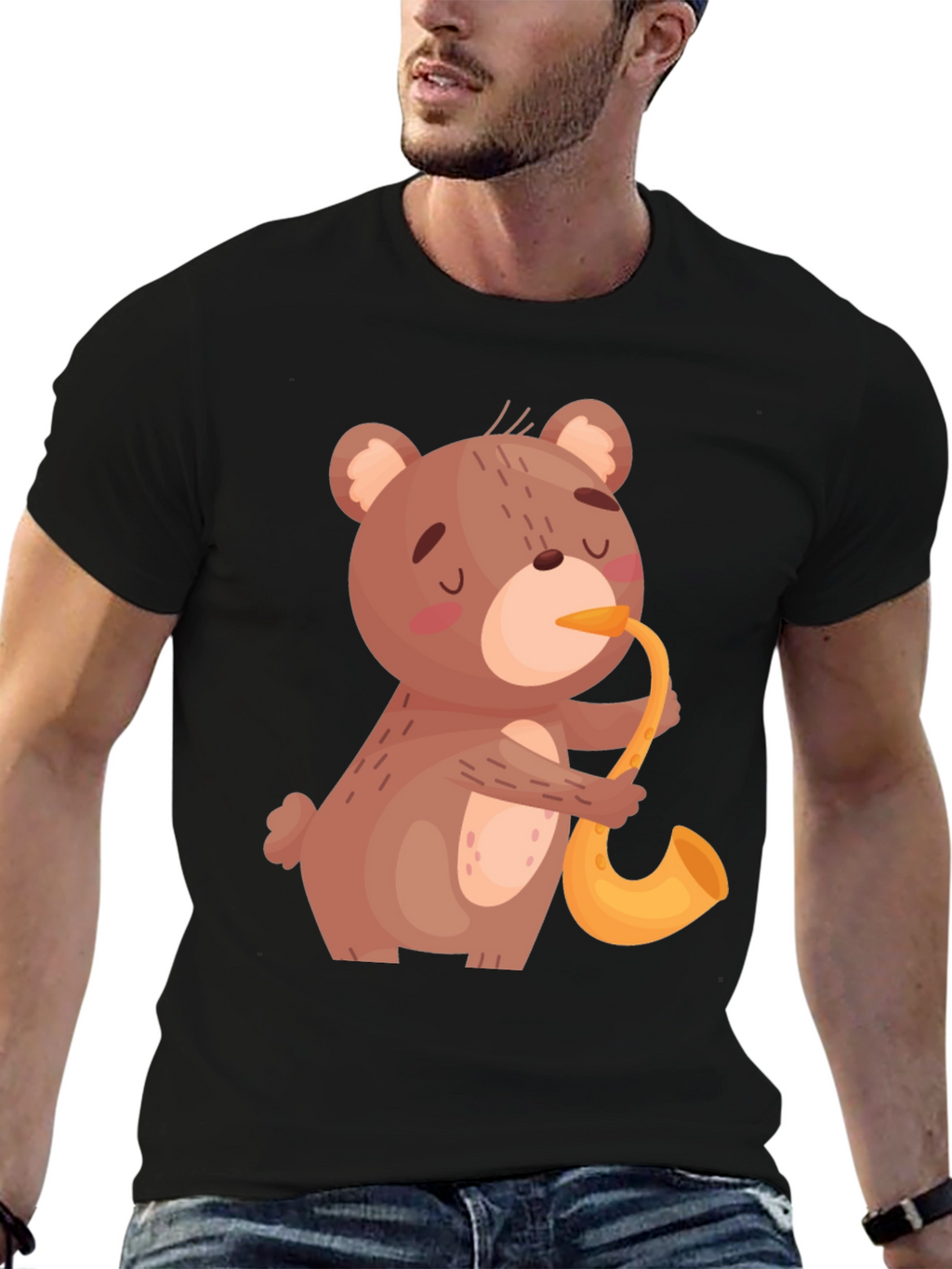 Bear Saxophone Graphic Tee - Cool Black T-Shirt
