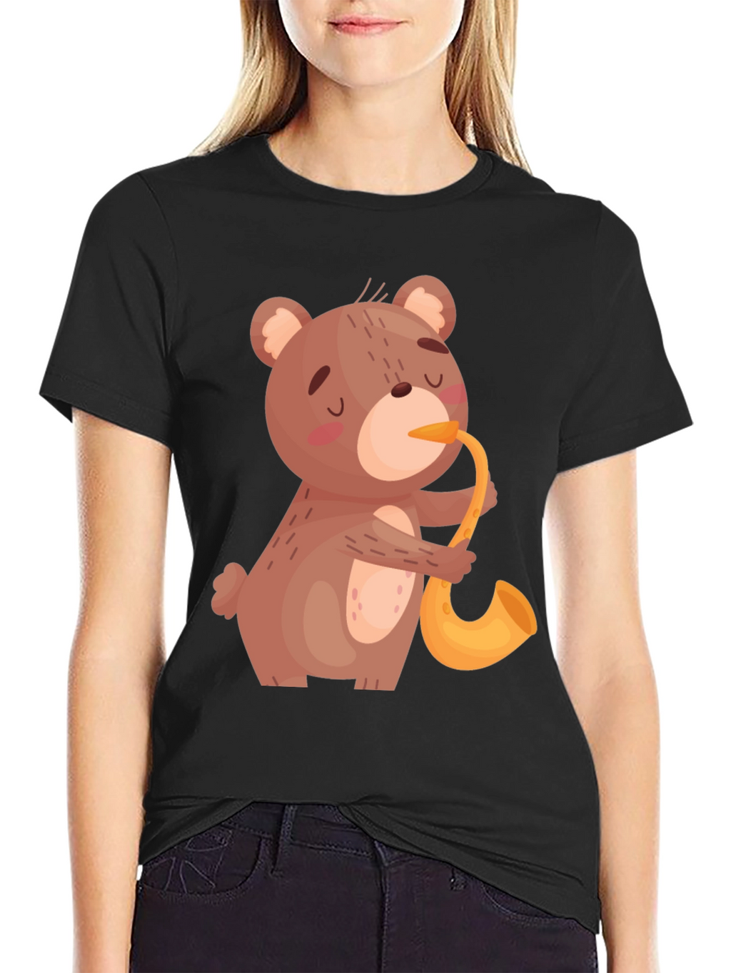 Bear Saxophone Graphic Tee - Cool Black T-Shirt