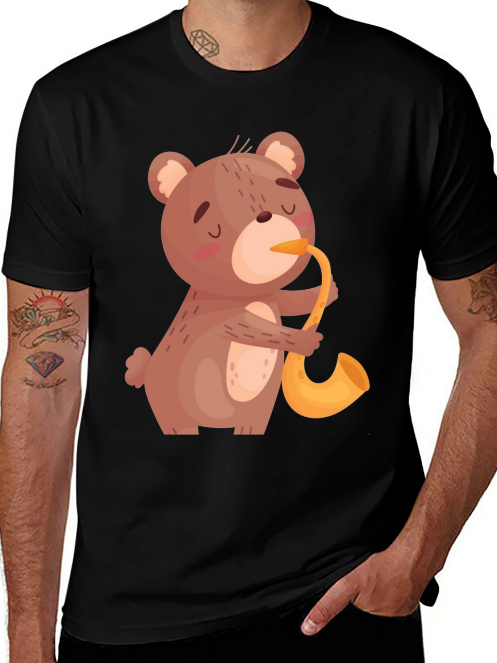 Bear Saxophone Graphic Tee - Cool Black T-Shirt